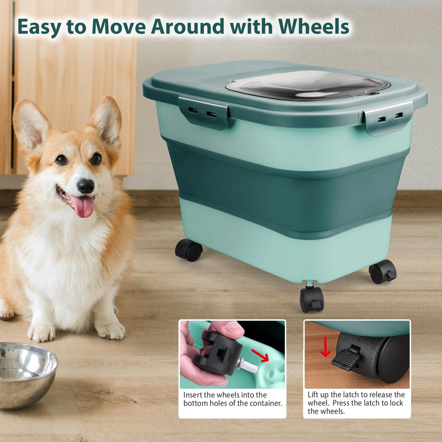 Viretec Dog Food Storage Container, 5-20Lbs Collapsible Pet Food Storage Containers with Rolling Wheel Airtight Locking Lid, Dry Food Storage Bin with Cup and Scoop,Suitable for Pet Food, Rice, Flour