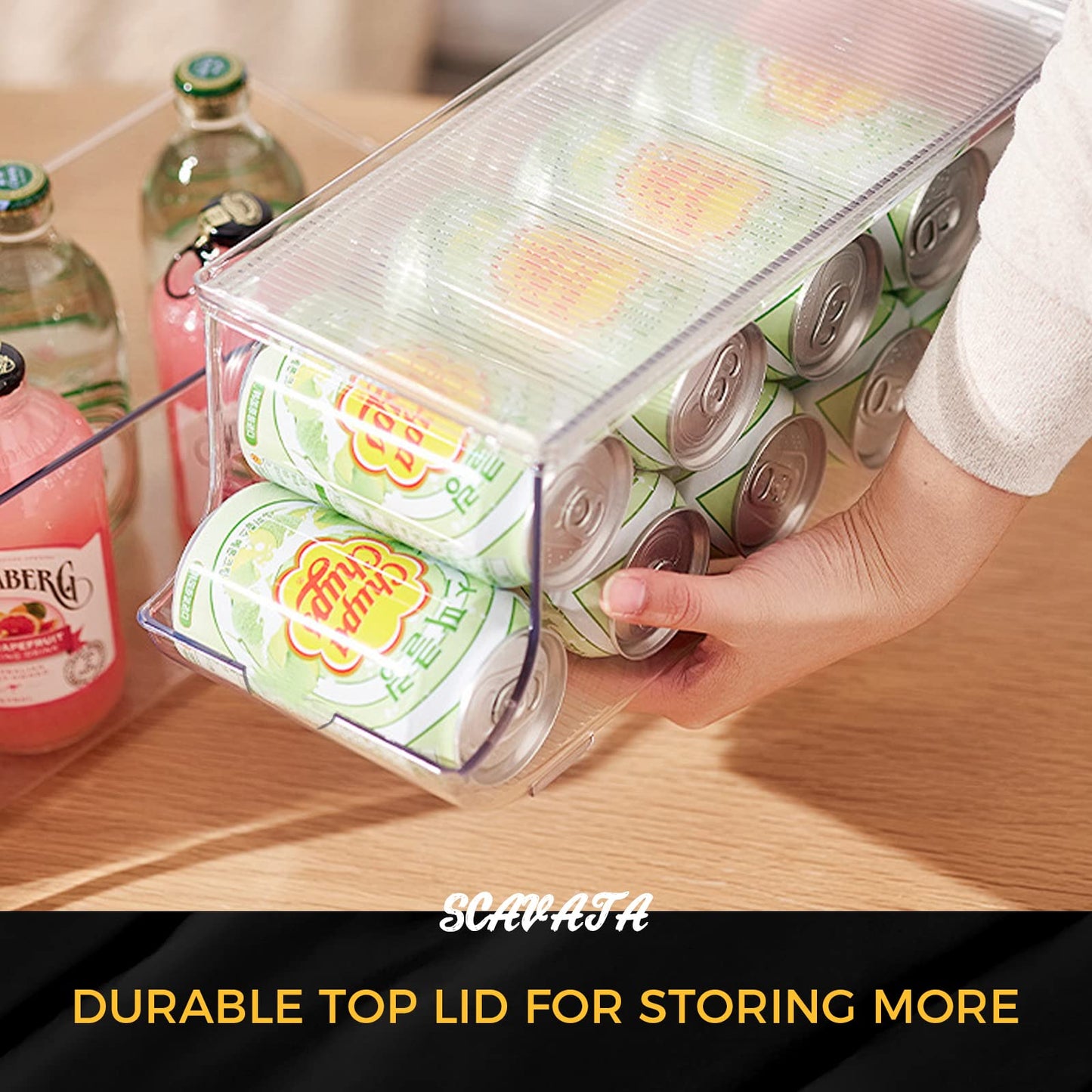 SCAVATA Soda Can Organizer for Refrigerator, Stackable Canned Food Pop Cans Container Can Holder Dispenser with Lid for Fridge Rack Freezer, Clear Storage Bins-Holds 12 Cans Each (2 Pack)