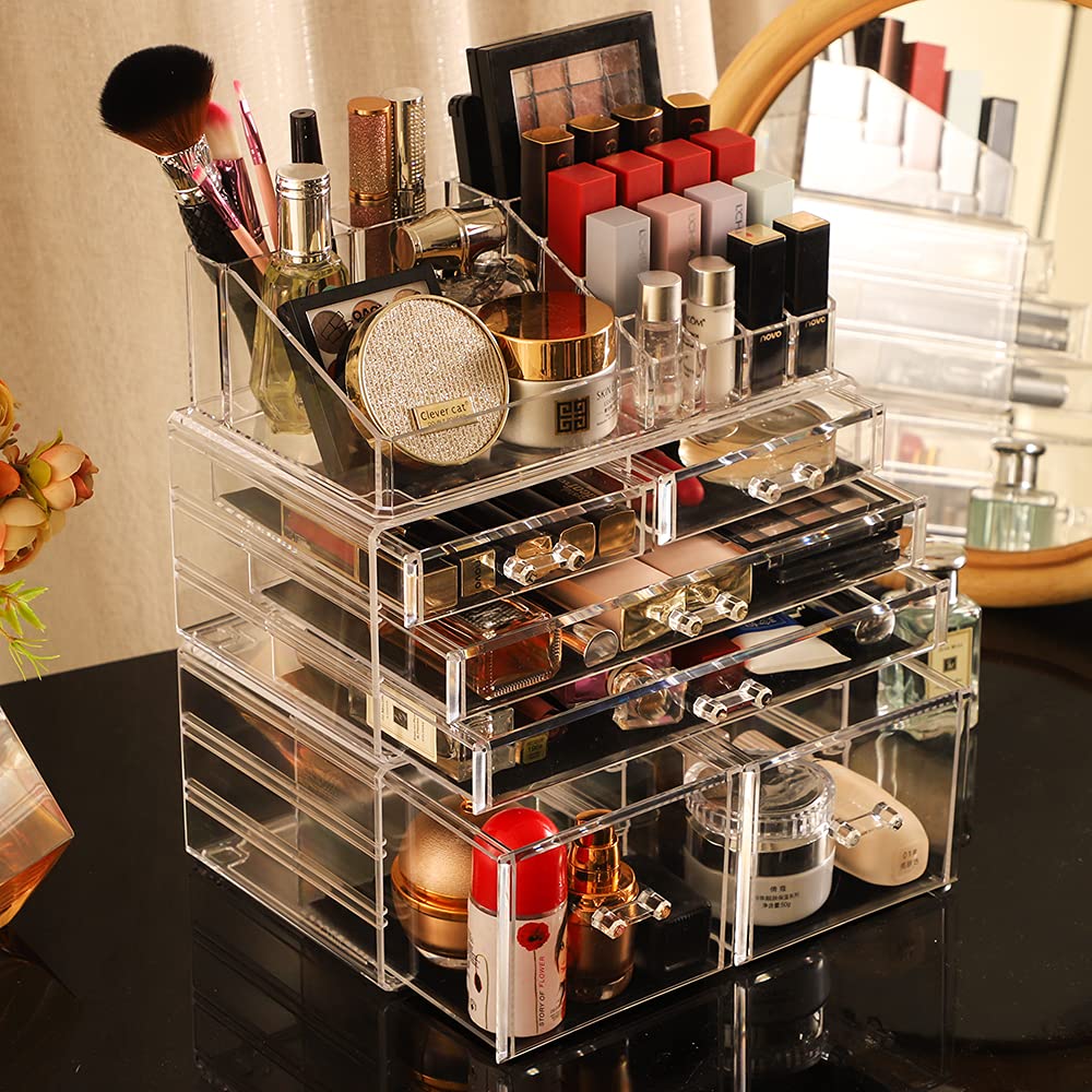 Cq acrylic 3 Pack Clear Makeup Storage Organizer,Stackable 6 Drawers Make Up Organizers,Cute Desk Organizer for Vanity Jewelry,Hair Clip,Beauty,Skincare Product Bathroom Counter Organizers and Storage