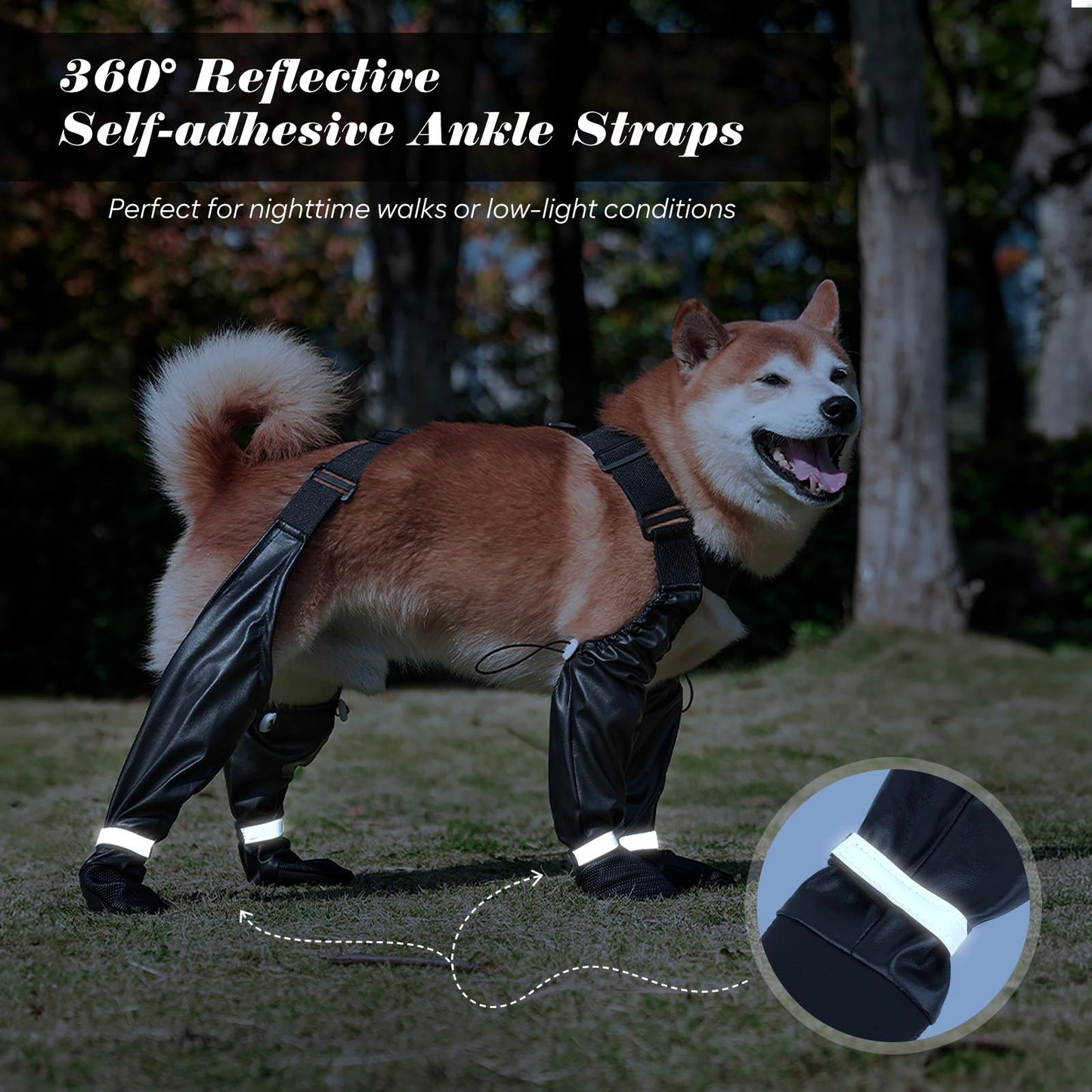 BiPawTi Dog Suspender Boots, Reflective Paws Dog Boots for Night-Walk Safety, Suspender Booties for Hot Pavement/Snow Walks, Anti-Lost/Anti-Slip Shoes, Leg/Paw Protectors for Large Dogs - XXL