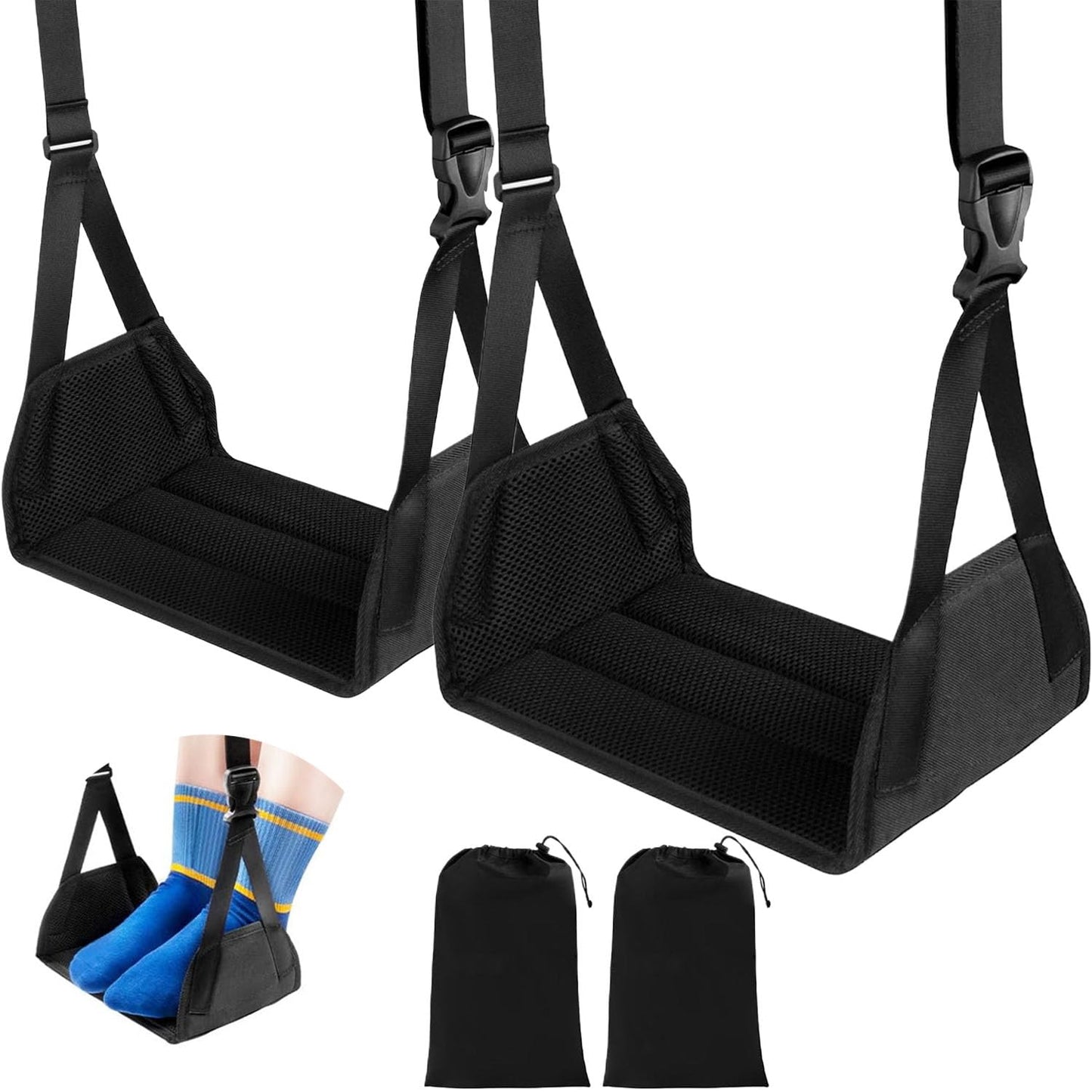 2-Pack Airplane Foot Hammock, No Collapse Thickened Bamboo Airplane Foot Rest with Extended Adjustment Strap, Portable Desk Foot Hammock, Foot Sling Travel Essentials to Relax Your Feet