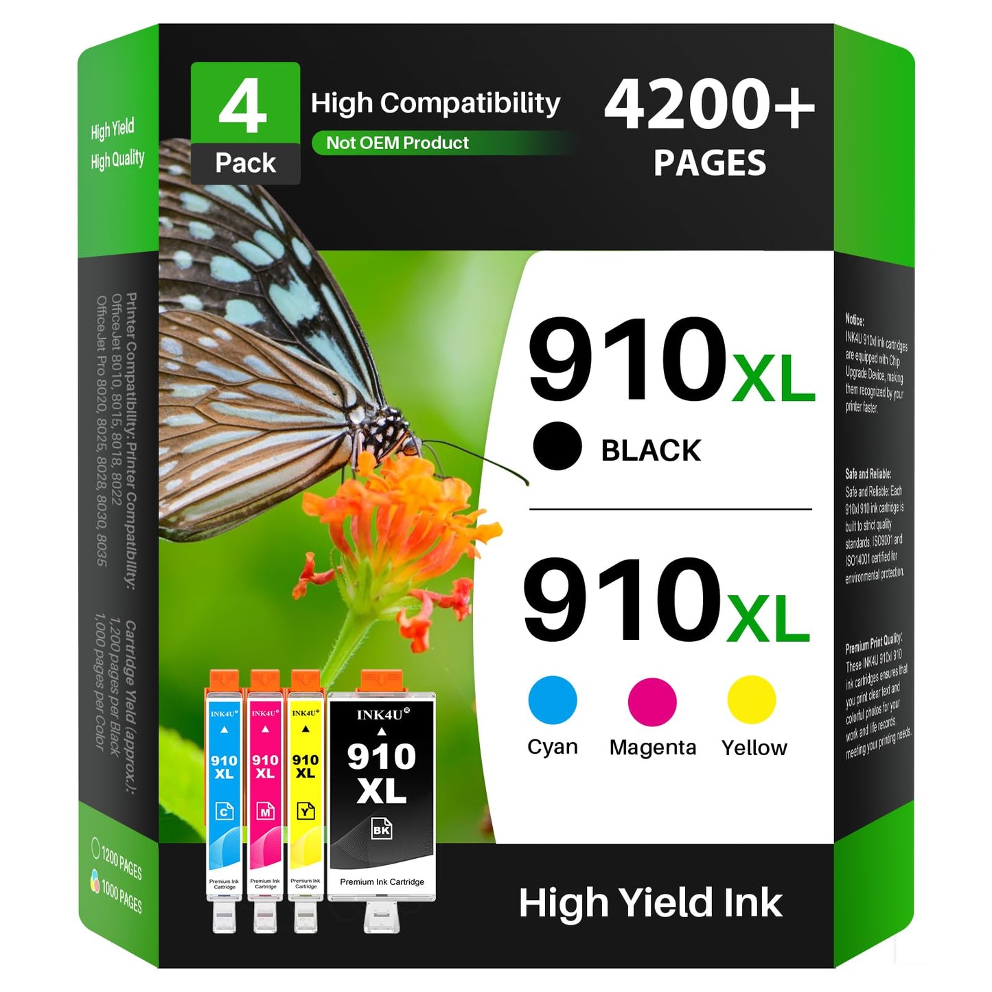 (Latest Chip) 910XL Ink Cartridges for HP Printers, Compatible Replacement for HP 910 Ink Cartridges 910 XL to Work for HP Officejet Pro 8010 8020 8022 8015 8025 8035 Printer (High Yield, 4 Pack)