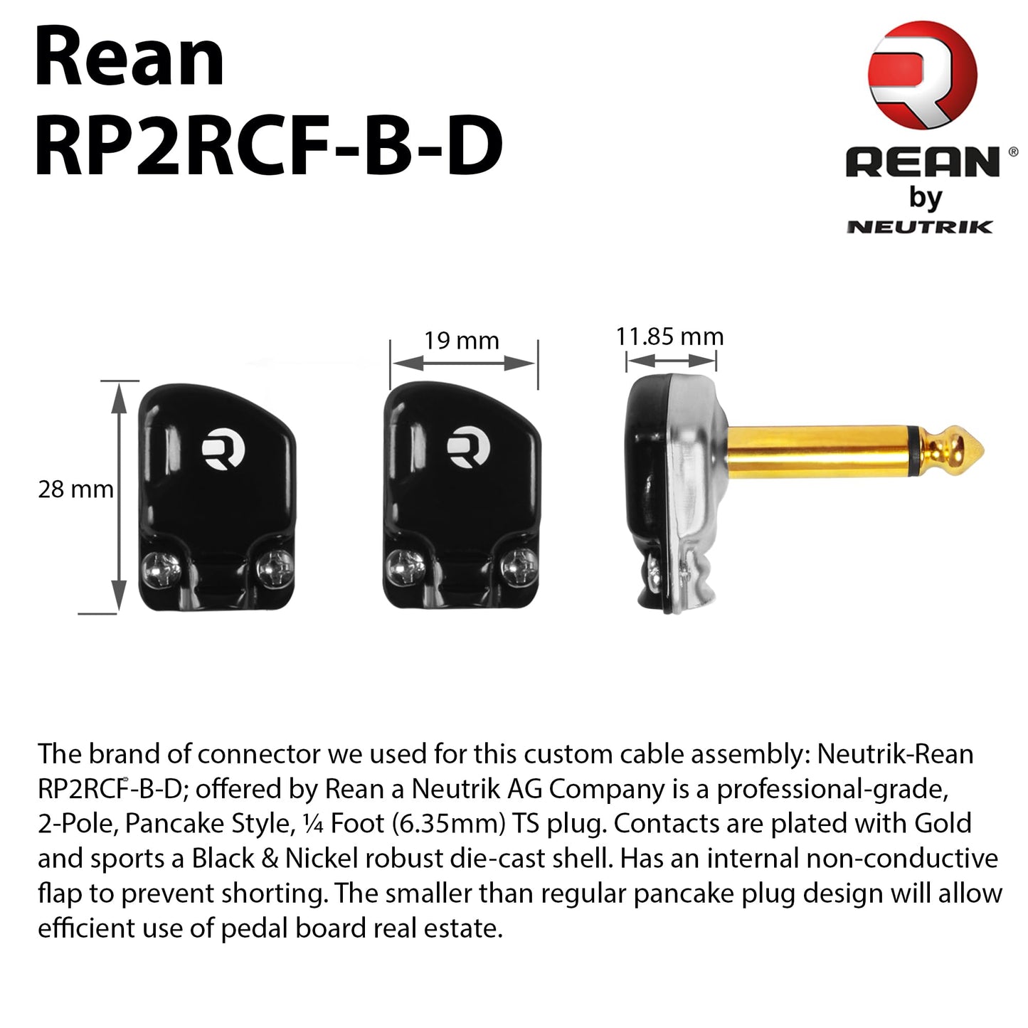 2 Units - 6 Inch - WBC-PRO-Pedal – 22 AWG - Low-Cap (18pF/ft) – Pro-Grade – Graphite-Based - Dual-Shielded Pedal, Effects, Patch, Instrument Cable with Neutrik-Rean Gold Plated Pancake TS Connectors
