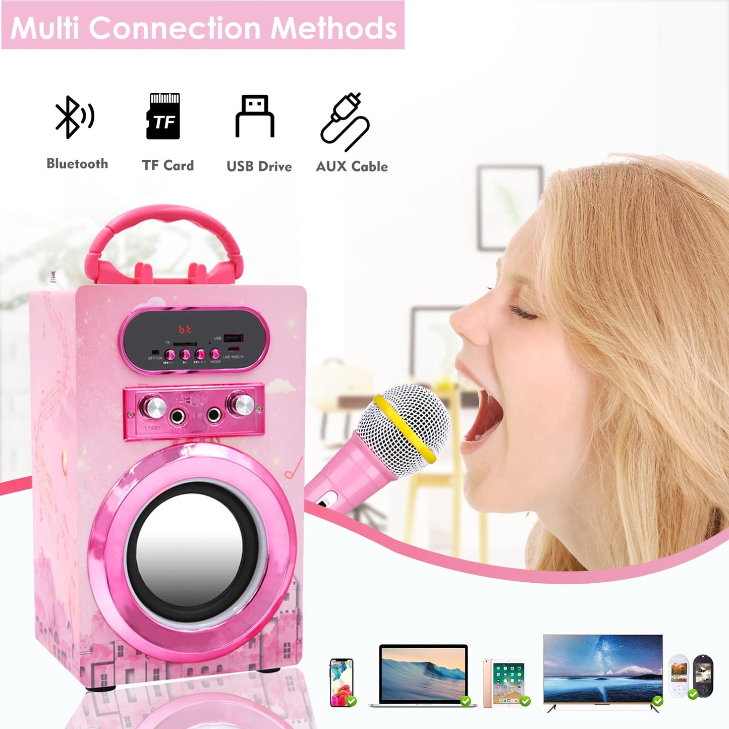 IndeCool Kids Bluetooth Karaoke Speaker with 2 Microphones, Remote Control Speaker Portable Karaoke Machine for Kids Adult Party Gift (Pink)