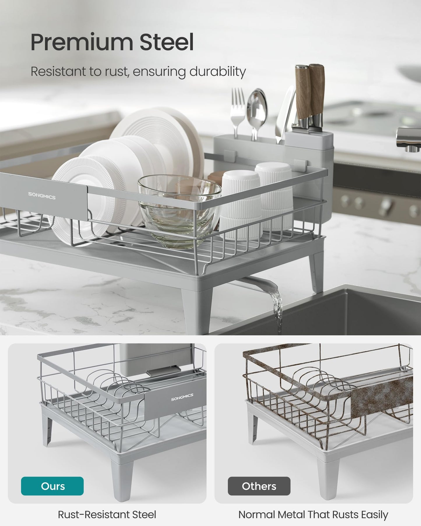 SONGMICS Dish Drying Rack, Kitchen Dish Rack, with Drainboard, 360° Rotatable and Extendable Spout, with Cutlery Holder, 31 x 42 x 18.5 cm, Dove Gray UKCS550G01