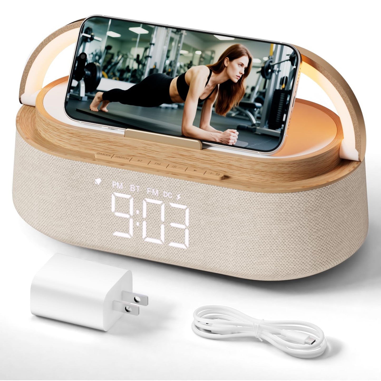 FREEFISH 6-in-1 Alarm Clock with Bluetooth Speaker, Wireless Charging, FM Radio, Night Light, Phone Holder, Digital Clock, 15W Fast Charger for iPhone 16/15/14/13 Samsung, Bedroom Office Gift (Wood)