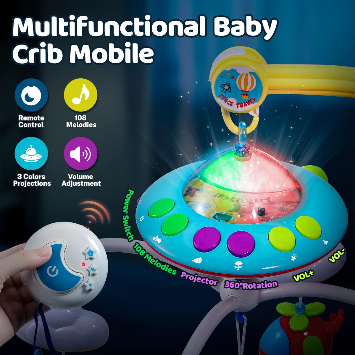 BOBXIN Baby Mobiles for Crib, Crib Mobile with Projector and 108 Melodies Music, Crib Toys with Remote Control and Hanging Rattles Rotating,Toy for Newborn and Baby Boy Girl