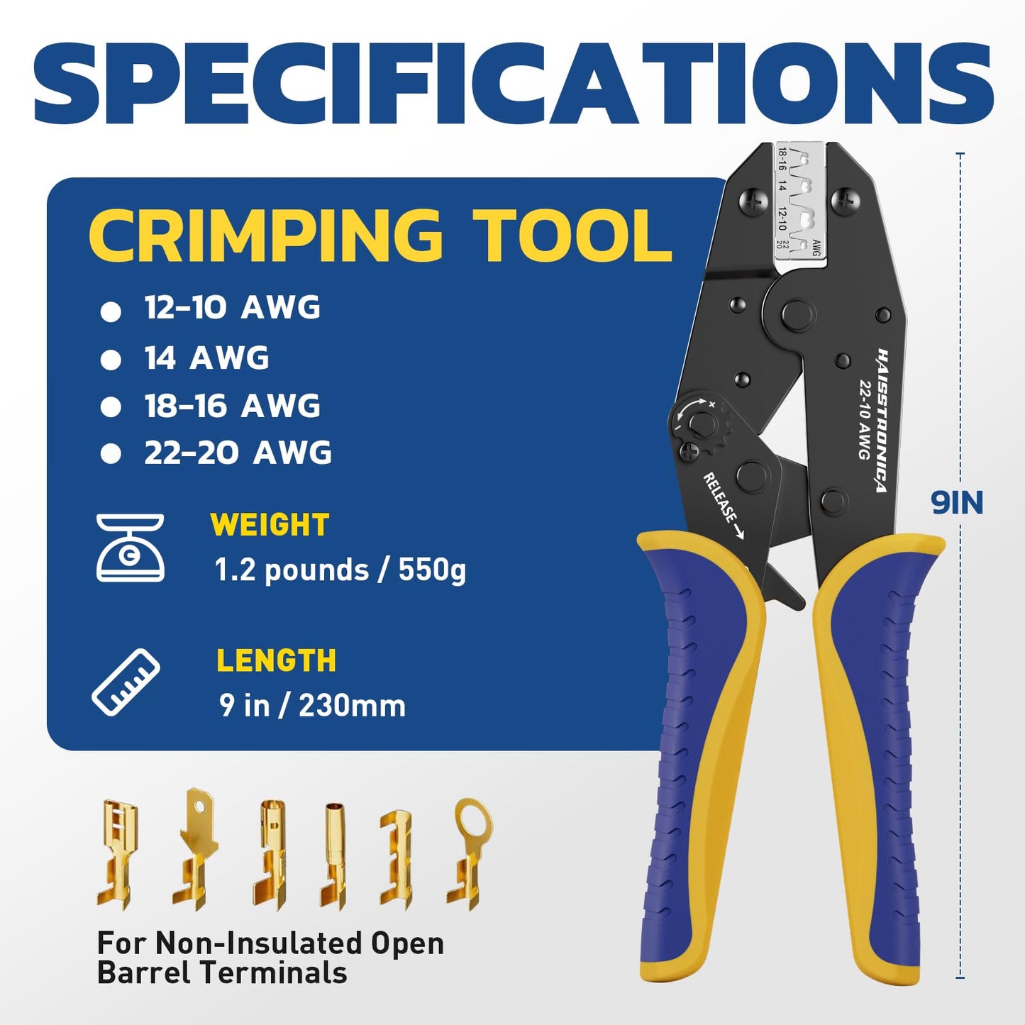 Haisstronica Crimping Tool for Non-Insulated Open Barrel Terminals Receptacles,AWG 20-10 Ratchet Wire Crimper Tool,Wire Terminal Crimper HS-5327