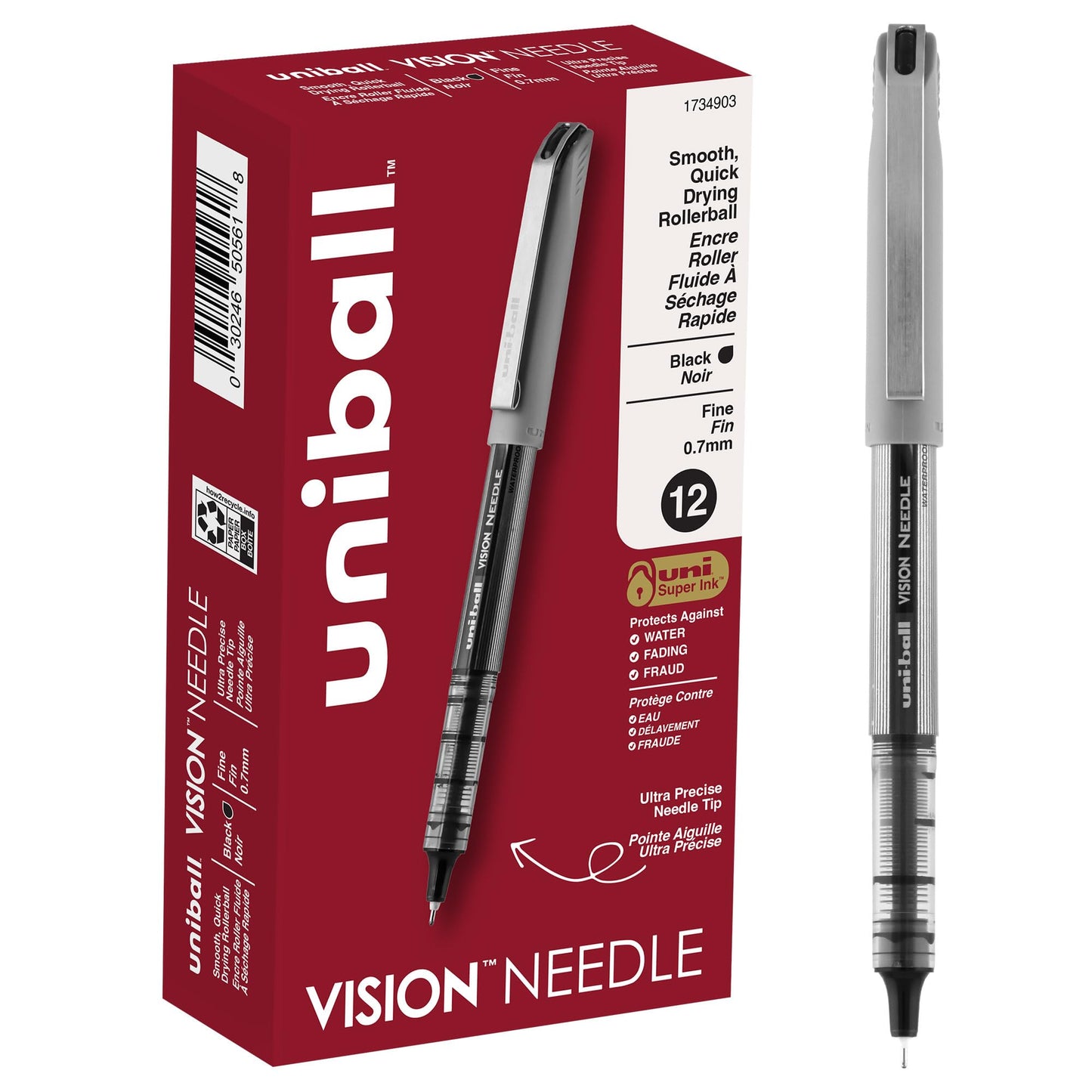 uni-ball VISION NEEDLE Rollerball, Stick Roller Ball Pen Fine-0.7mm, 12 Pack, Black Ink (1734903)