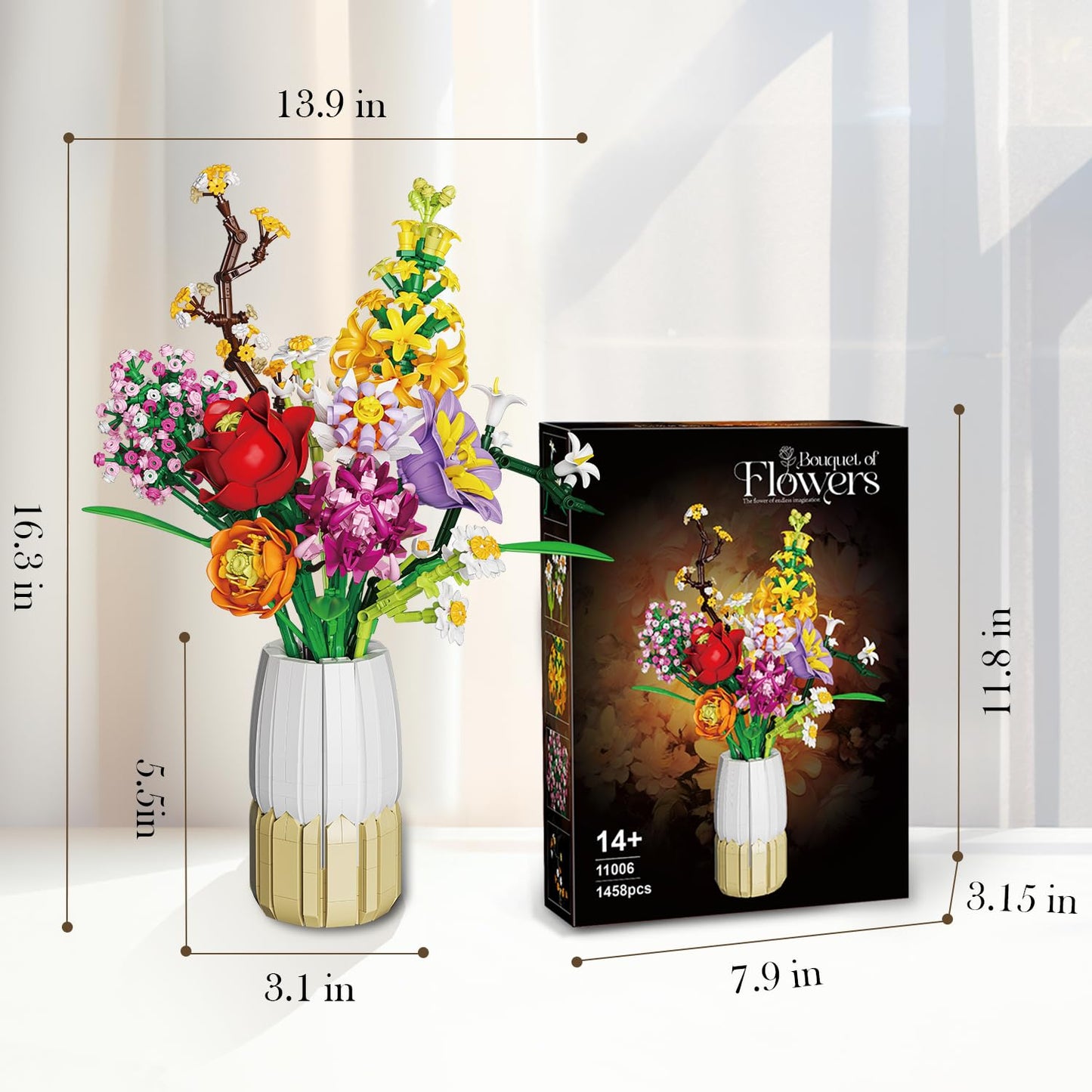 2 in 1 Vase Flowers Bouquet Building Set, Artificial Flowers Bouquet Sets for Adults & Women, Comptatible with Lego Flower Bouquets Botanicals Collection, 1458 PCS