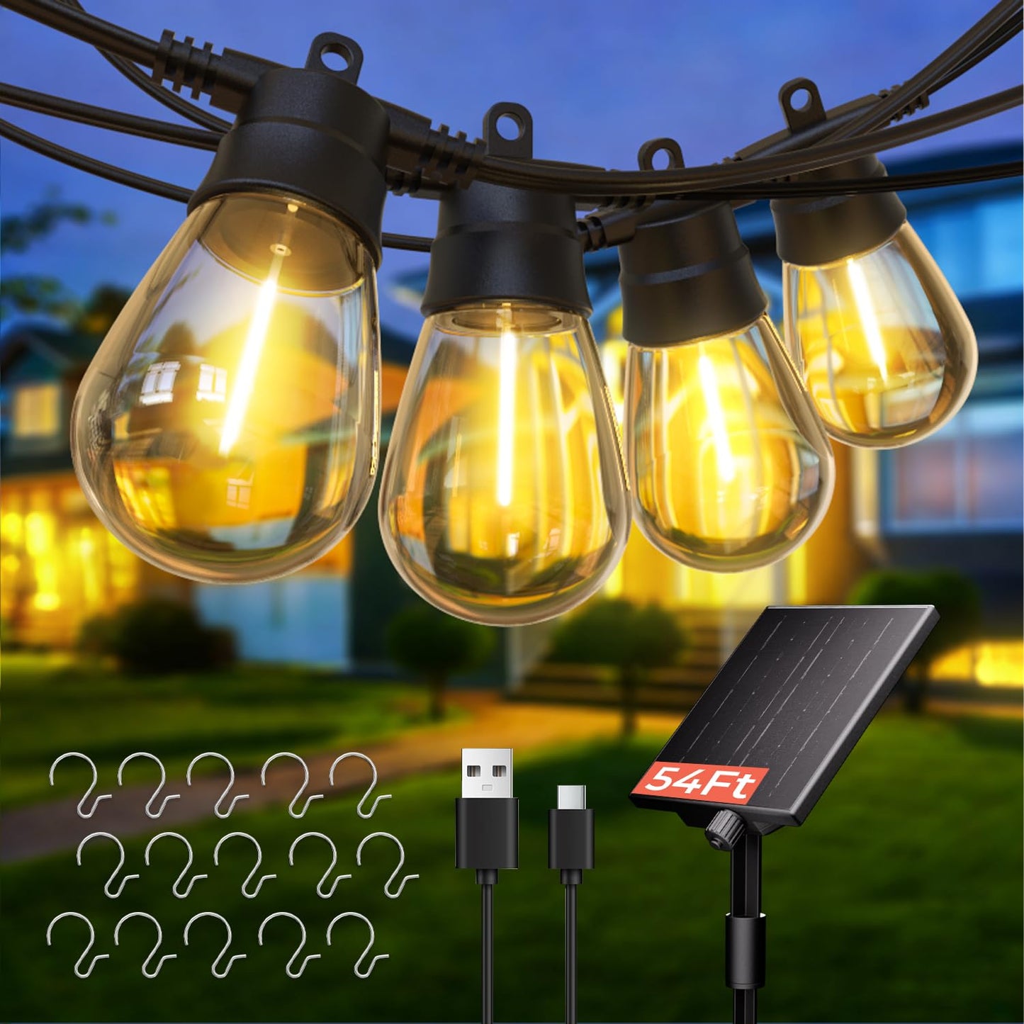 Quntis 53ft 15+2Bulb Solar String Lights Outdoor, 8 Lighting &4 Dimming Mode, USB-C & Solar Powered Patio Light String Outdoor, Digital Power Display, Waterproof Solar Light for Backyard Garden Gazebo