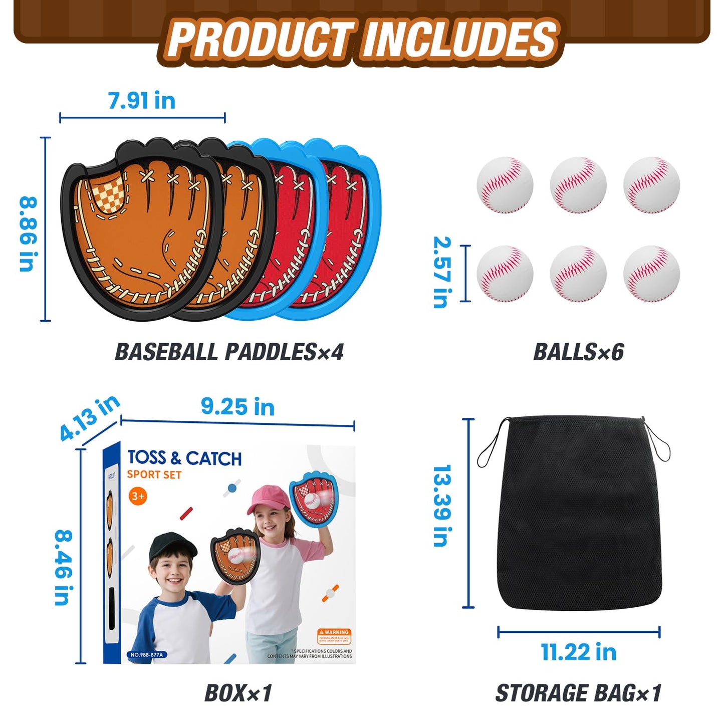 HYES Toss and Catch Ball Game Set with 4 Paddles, 6 Sticky Balls and 1 Storage Bag, Toddler Baseball Glove, Kids Outdoor Ball Catch Games, Beach Yard Camping Toy Gift for 3-12 Years Old Teenagers