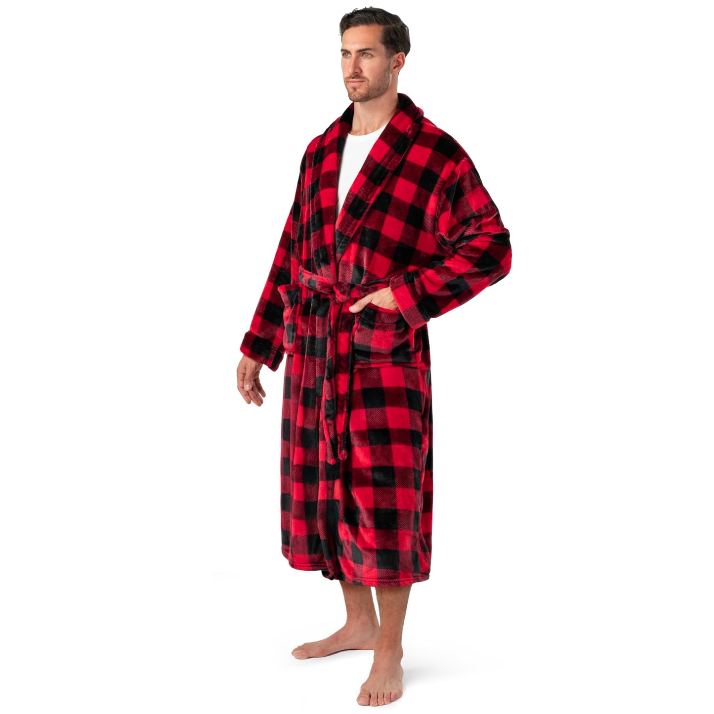 PAVILIA Mens Soft Robe | Warm Fleece Robes for Men, Soft Spa Bathrobe with Shawl Collar and Pockets, Plaid Red, Large-X-Large