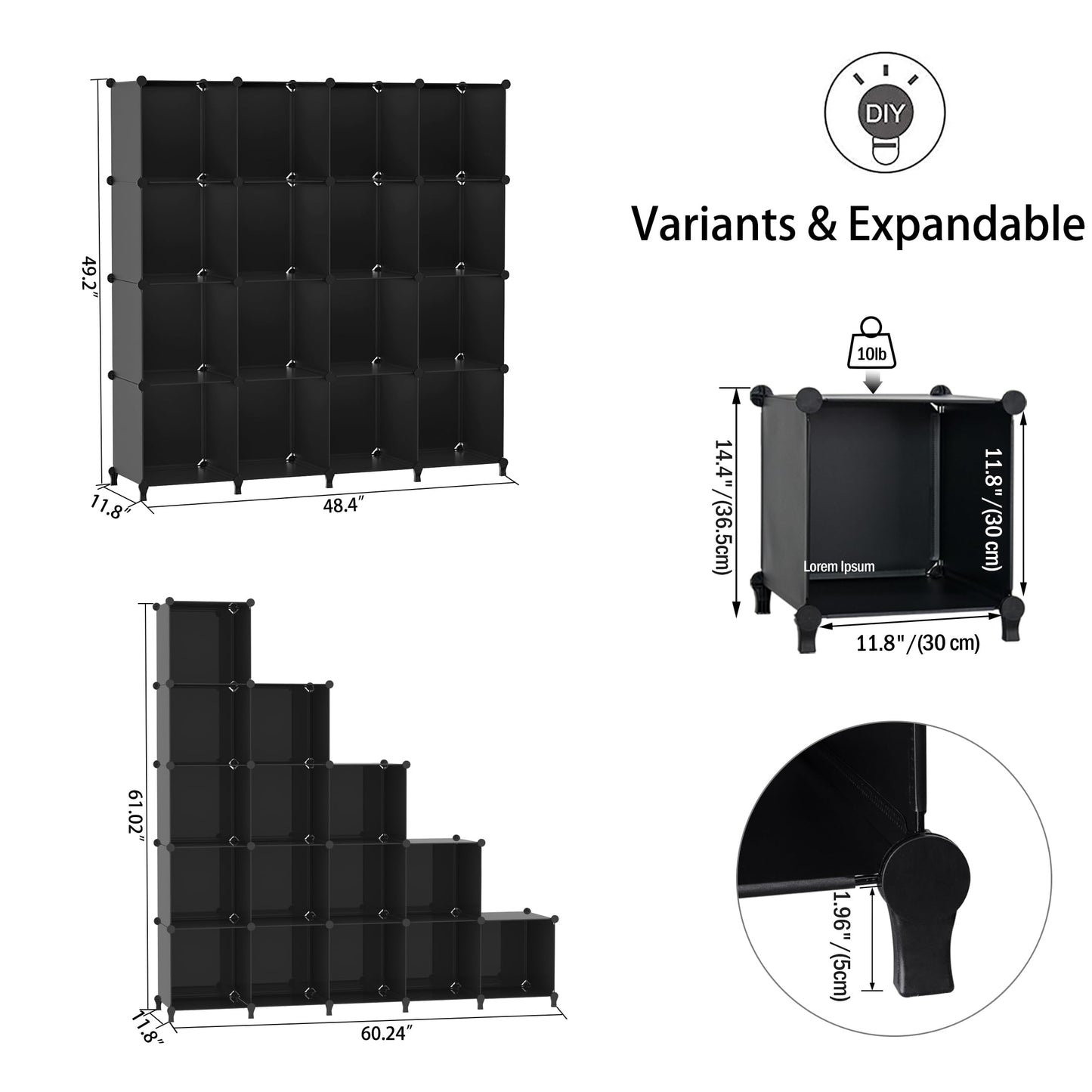 Lxvckly Cube Storage Organizer, DIY Portable 16-Cube Closet Clothes Organizer and Storage Shelving, Modular Home Office Shelves Units for Living Room, Bedroom, Bathroom, Closet Black