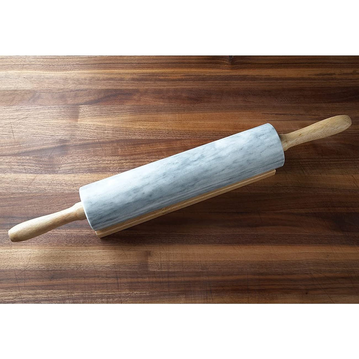 Fox Run Polished Marble Rolling Pin with Wooden Cradle, 10-Inch Barrel, White