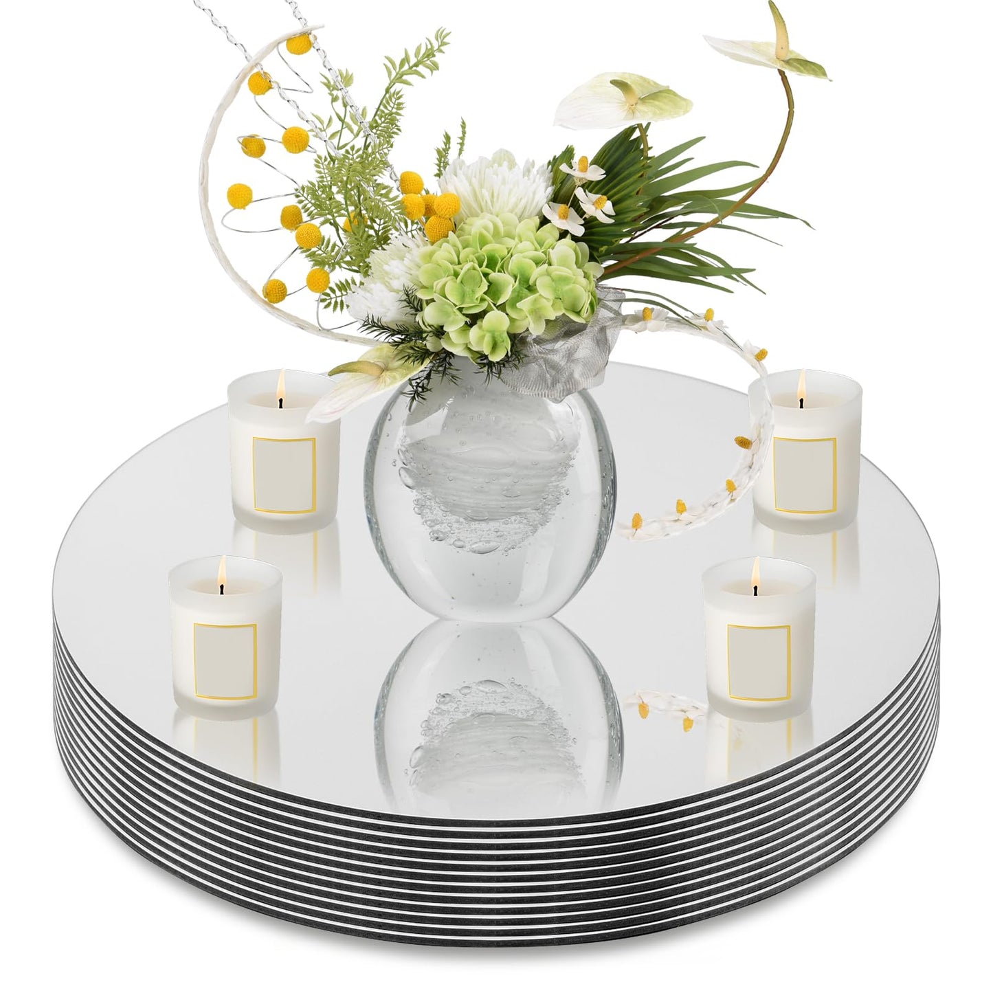 Cheardia 12 Pack Round Mirror Candle Plate Set - 12 Inch Centerpieces for Tables, Circle Glass Trays 1.7mm Thick, Mirror Tiles for Wedding Decorations, Party, Wall Decor