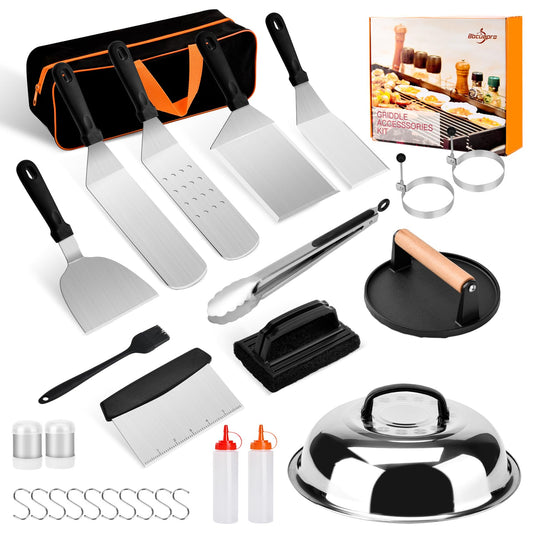 Bbcuepro 28 PCS Griddle Accessories Kit - Stainless Steel Flat Top Grill BBQ Spatula Set with Extra Large Spatula and Burger Press for Outdoor Barbecue Camping Cooking