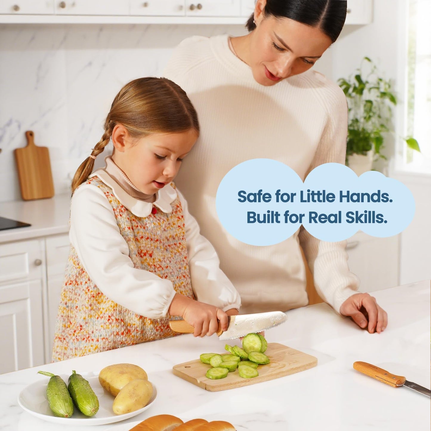 KIBBIDEA Kids Safe Knife Set for Real Cooking 4pcs, Rounded Design Won't Cut Skin, Stainless Steel Toddler Friendly Knife Set, Child Kitchen Knives for Cutting Fruits, Vegetable and Cake, Gift for Boys & Girls