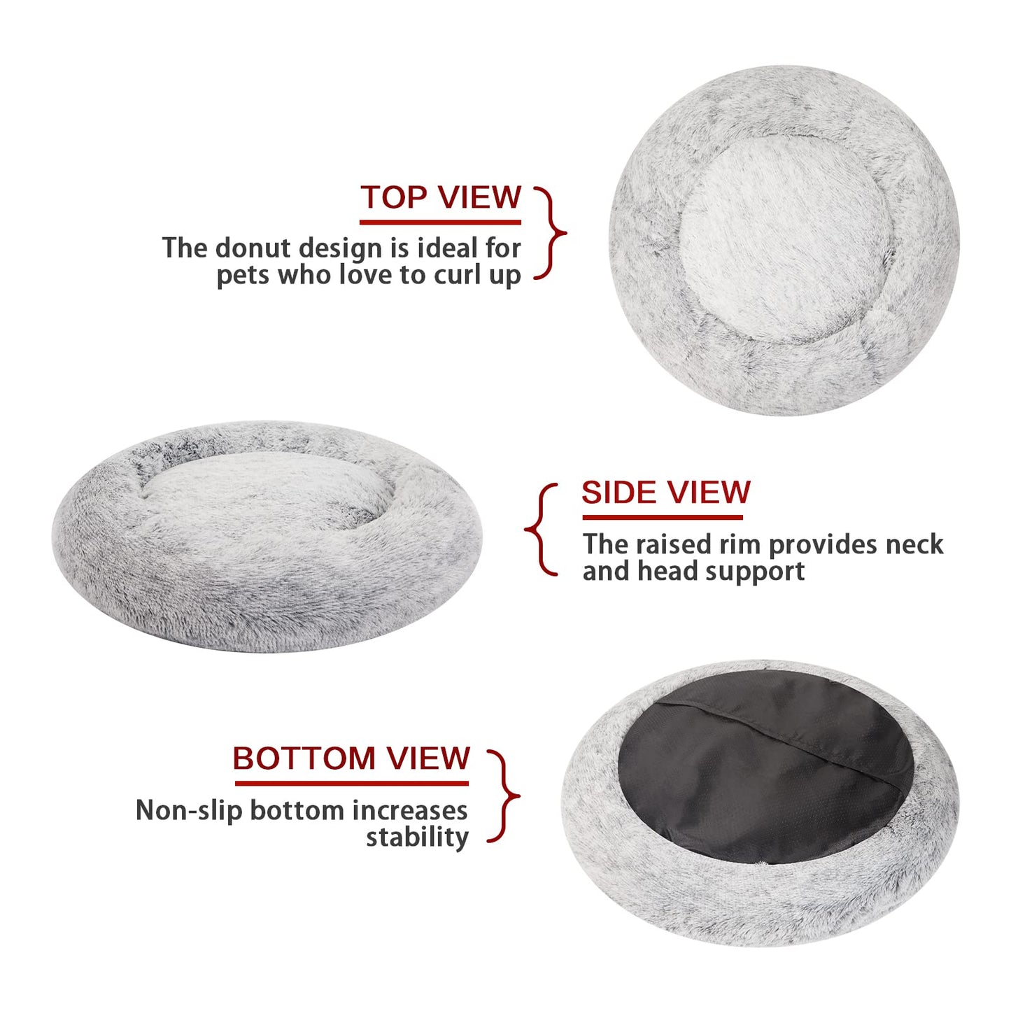 Bedfolks Calming Donut Dog Bed, 30 Inches Round Fluffy Dog Beds for Medium Dogs, Anti-Anxiety Plush Dog Bed, Machine Washable Pet Bed (Dark Grey, Medium)
