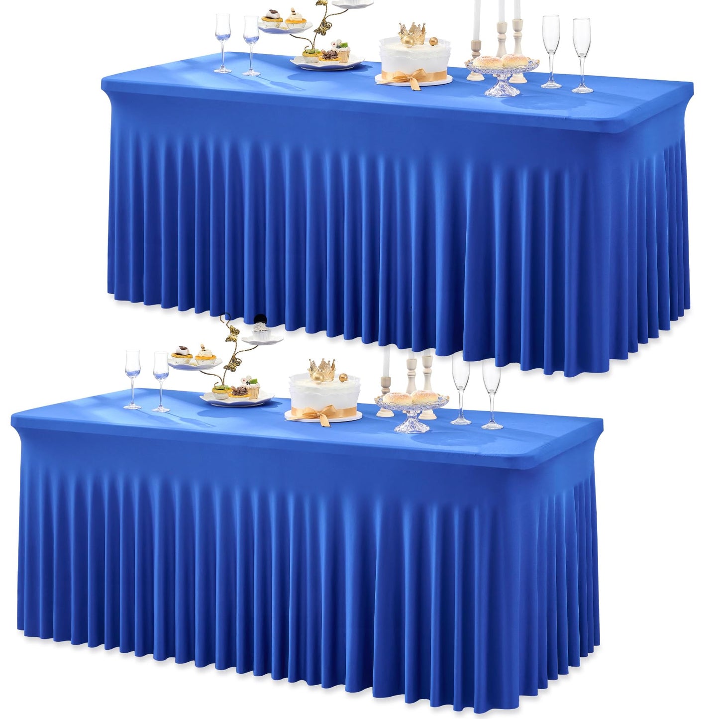 Htper 2 Pack Royal Blue Spandex Table Clothes for 6 Foot Rectangle Tables, Wrinkle Free Fitted Table Cover 6ft Stretchy Tablecloths with Skirt for Parties Weddings Birthday Banquet Baby Shower