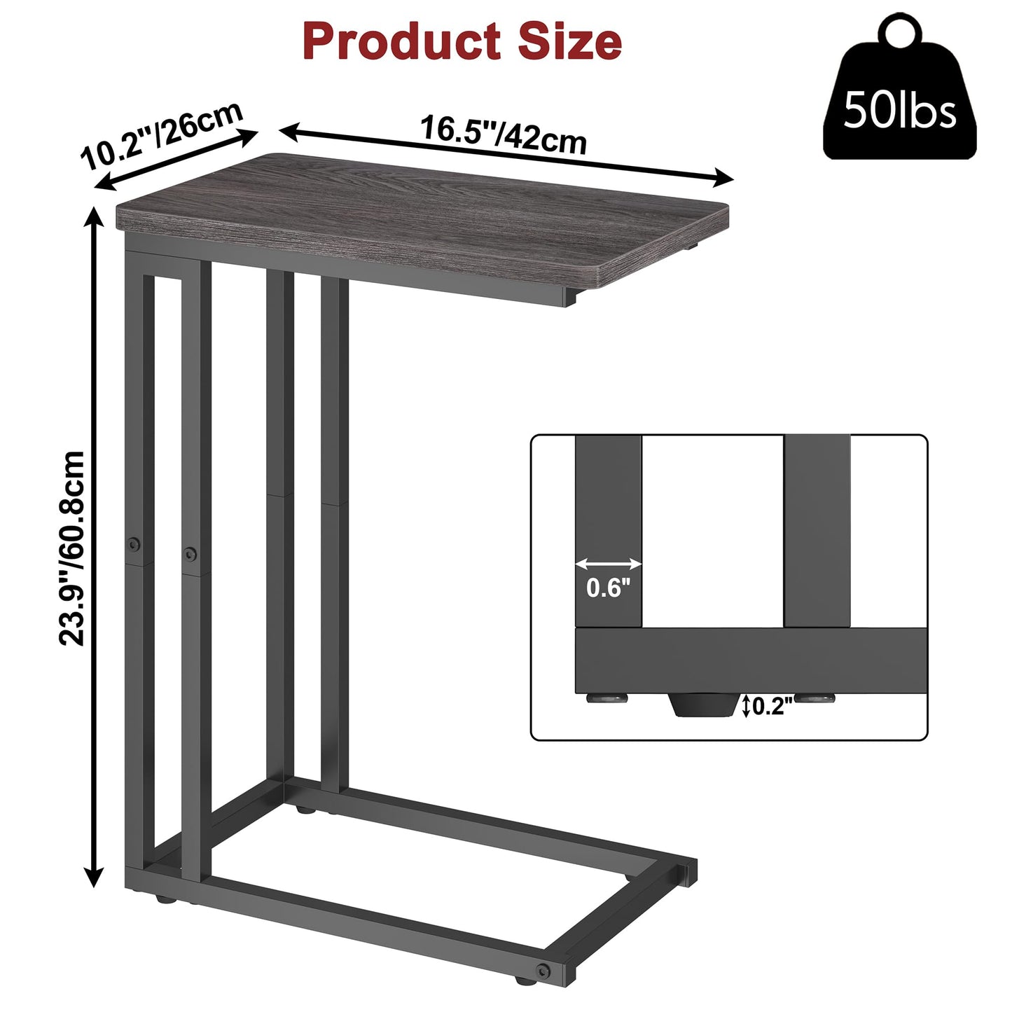 Yusong C Shaped End Table, Couch Side Table that Slide Under Sofa Bed, Small Table for Small Spaces, Skinny Overbed Table, Coffee Drink Snack Table for Living Room, Grey