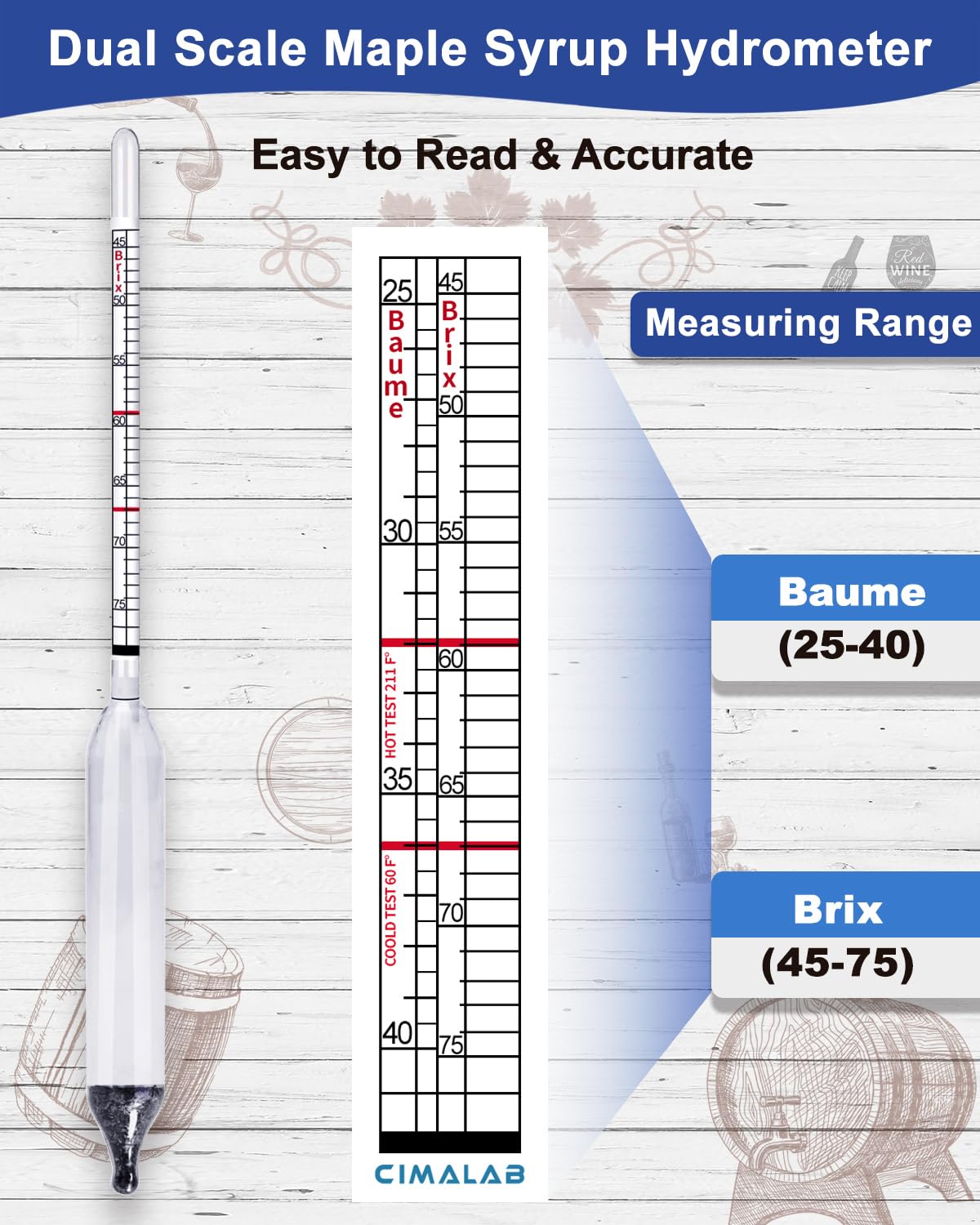 CIMALAB Maple Syrup Hydrometer Test Cup Kit, Hydrometer for Maple Syrup Making, Hydrometer Maple Syrup Supplies with Brix & Baume Scales, Syrup Hydrometer for Measure Sugar Content in The Syrup Sap