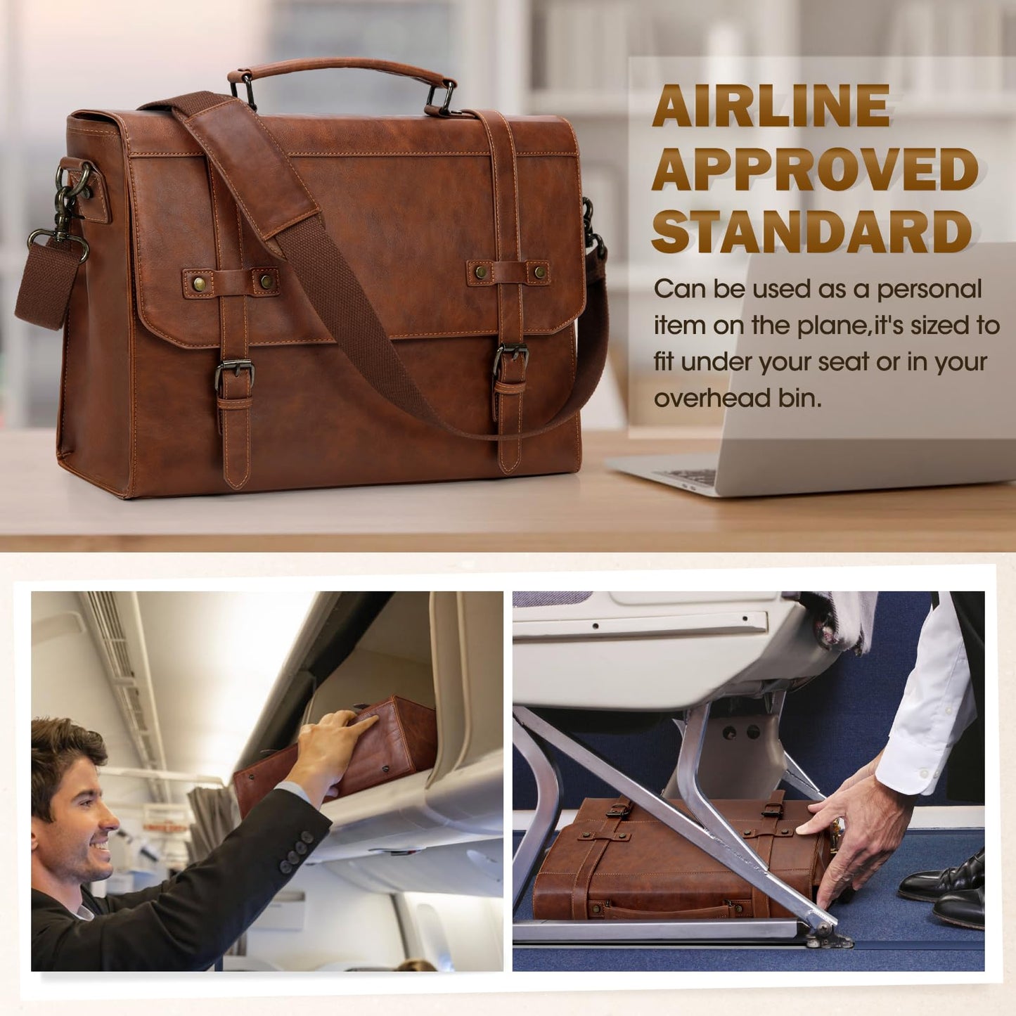 Messenger Bag Men 17 Inch Laptop Bag Vintage PU Leather Computer Briefcase Waterproof Satchel Bag Retro Shoulder Bag for Office Work Business Travel College,Brown
