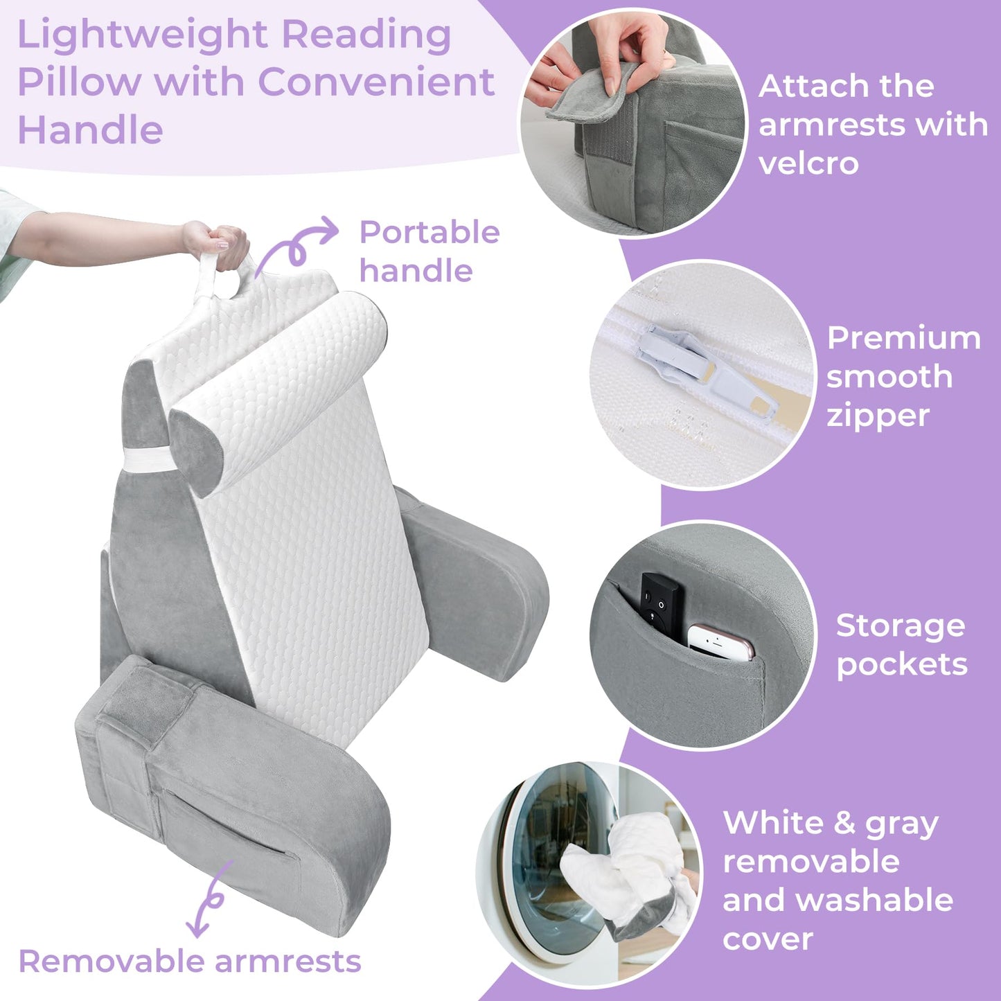 Babenest Reading Pillow for Sitting in Bed Adult, Back Support Pillow with Detachable Headrest & Armrests for Watching TV on Couch or Floor, Bed Chair Backrest Pillow for Working/Gaming/Relaxing