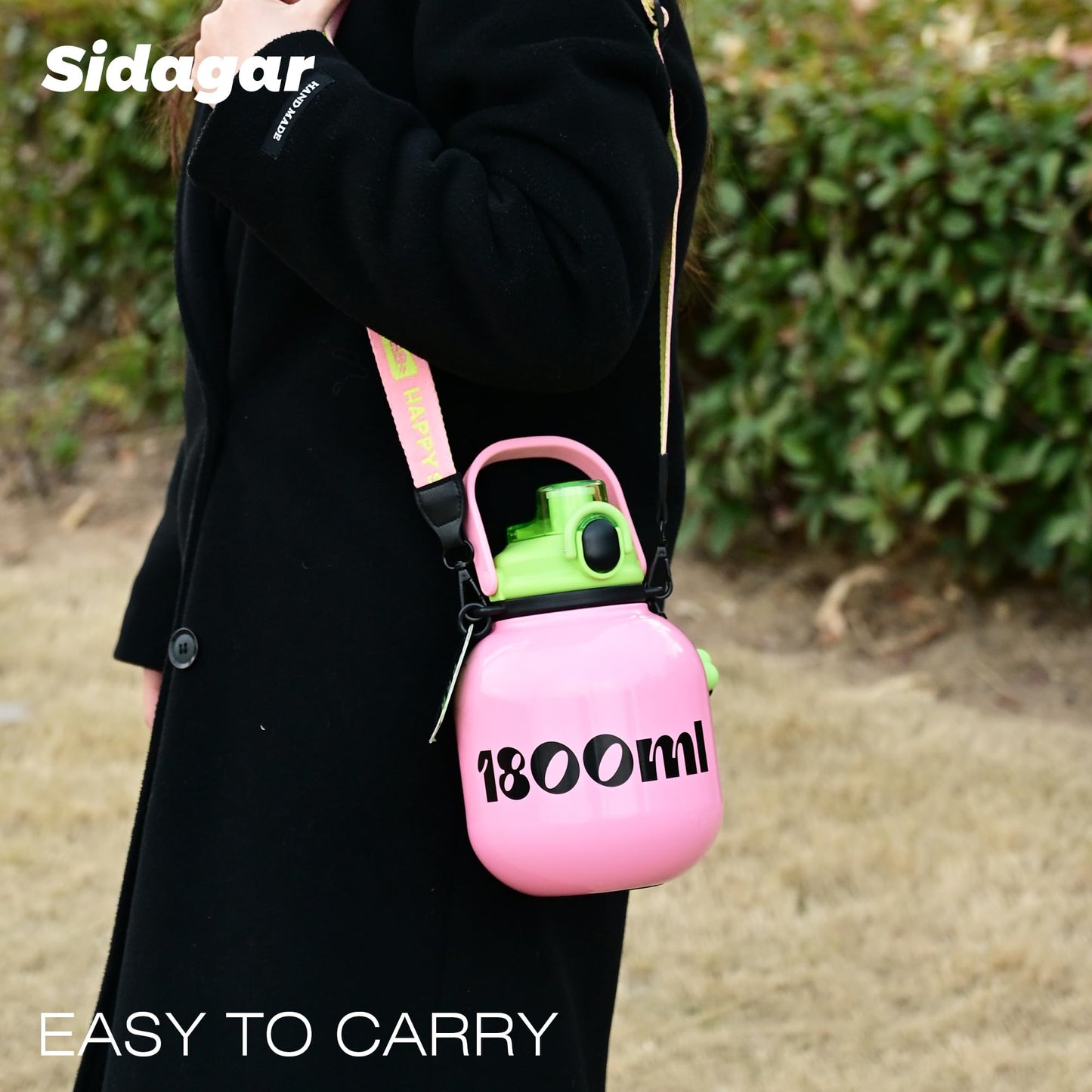 Sidagar 60 oz Half Gallon Insulated Water Bottle with Handle, 316 Stainless Steel Leakproof Large Travel Flask with Cute Doll Charm, Aesthetic Strawberry Pink Gift for Women Girl