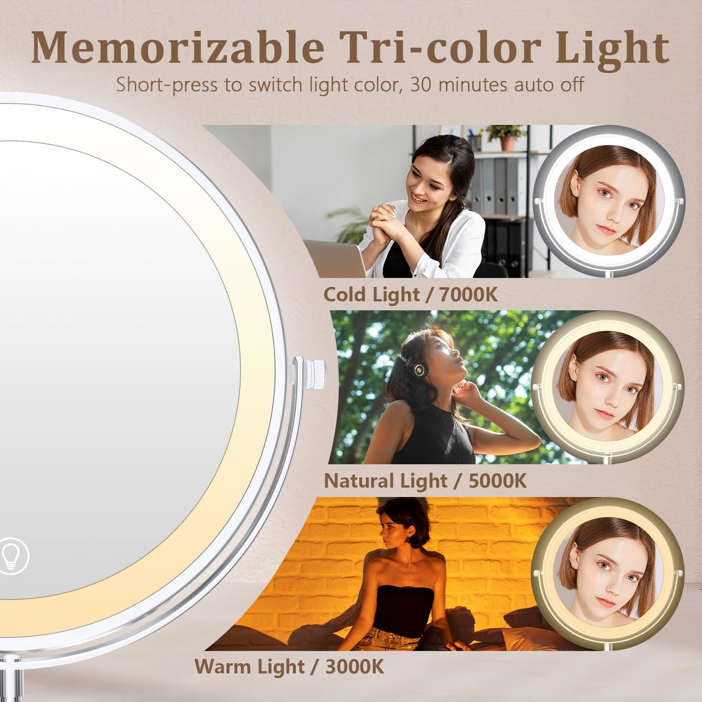 9inch Makeup Mirror with Lights, 1x/20x 5000mAh Rechargeable Magnifying Mirror with Light, 360° Rotate Bathroom Mirror with Lights, 3 Color, 80 LEDs, Stepless Dimmable