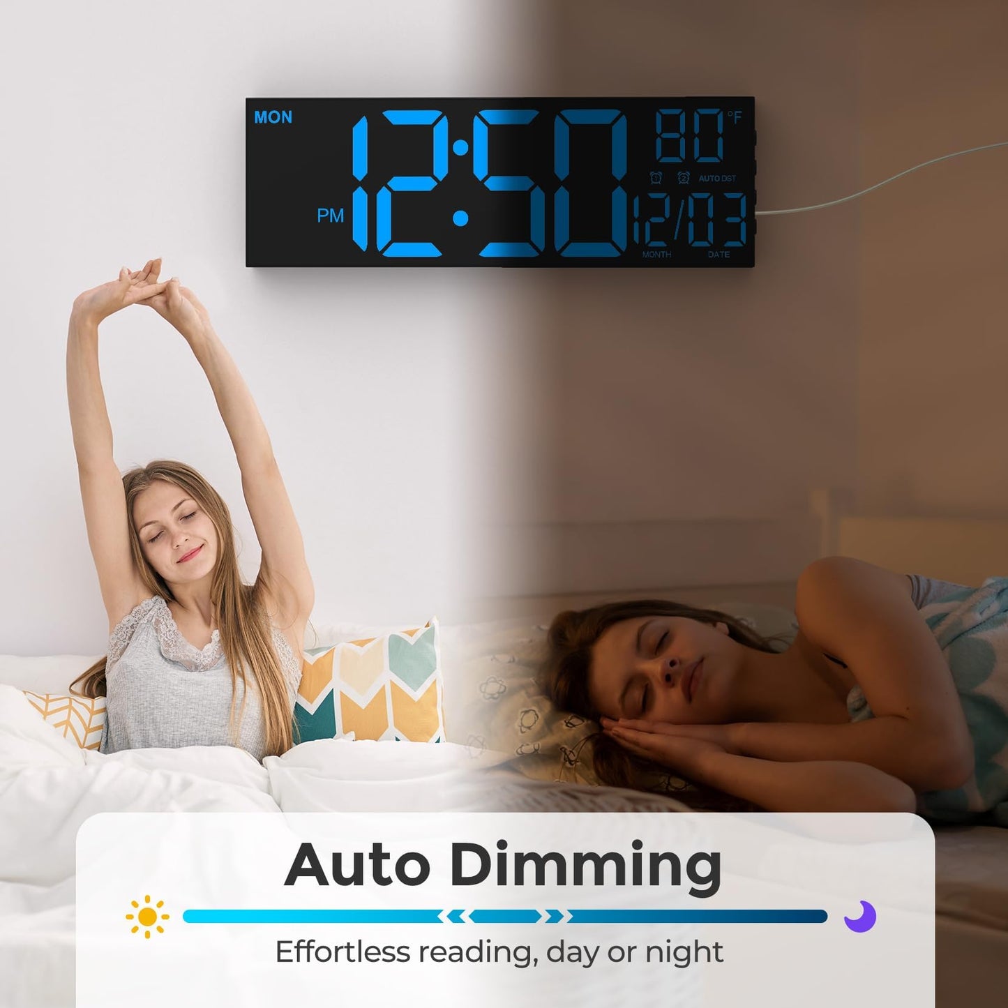 GOLOZA 16" Large Digital Wall Clock, Led Clock with Remote Control, Dual Alarms, 10 Brightness Dimmer, 8 Colors, 5 Volume, Auto DST, ℃/℉, Timer, Alarm Clocks Bedside for Heavy Sleepers