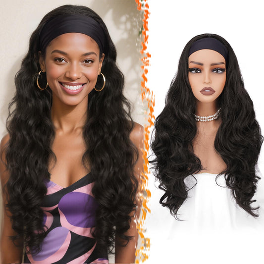 BARSDAR Dark Brown Wavy Headband Wig - 26 Inch Long Loose Body Wavy Synthetic Headband Wig for Women - Wear and Go Glueless Wig Soft Lightweight Natural Looking Easy Wear Head Band Wigs