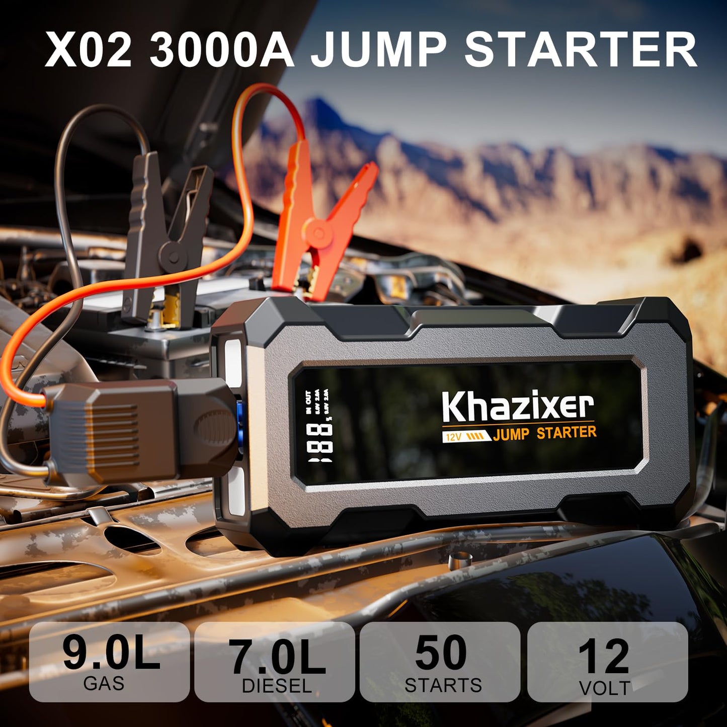 Khazixer X02 3000A Car Jump Starter, Jump Starter Battery Pack for 9.0L Gas and 7.0L Diesel, 12V Portable Jump Box with USB Output, Storage Bag, LED Flashlight