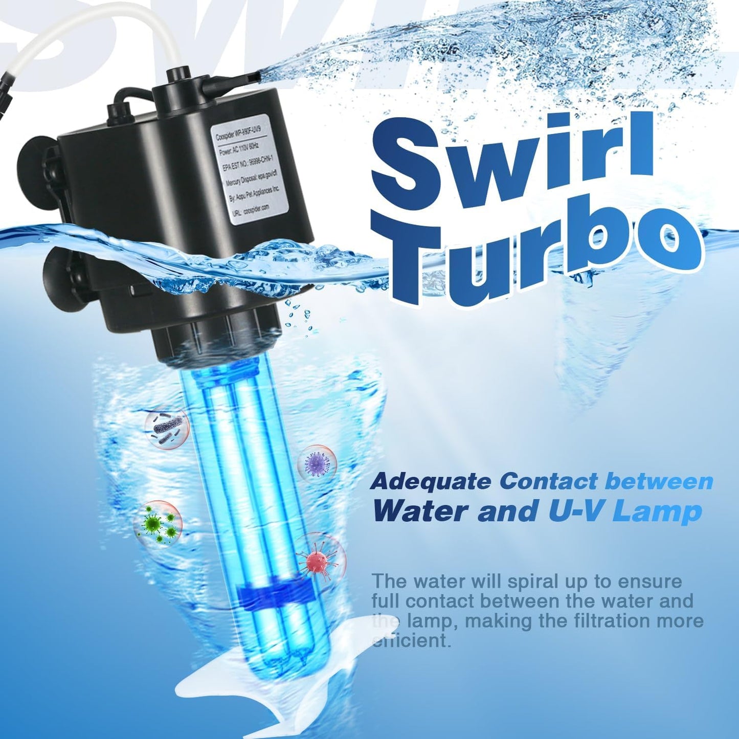 Aquarium U-V Filter w/Cycle Timer for 40-75 Gal. Large Turtle Fish Tank, Swirl Turb. Design 4-in-1 Quiet Pump, Green Clean Machine Internal 211GPH Saltwater Freshwater Keep Crystal Clear