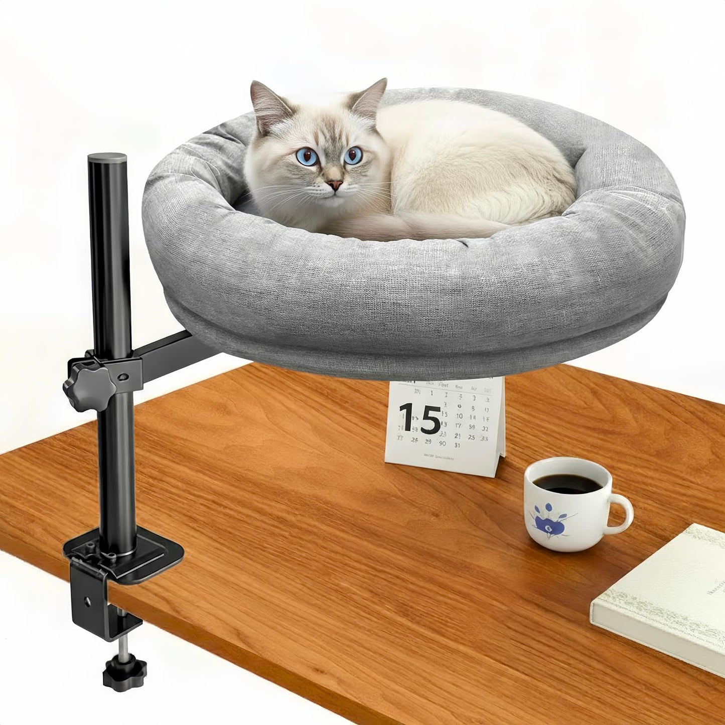 Homegroove Cat Desk Bed, Cat Bed for Desk with 360° Rotation & Height Adjustable, Cat Desk Perch with Soft Cushion, Sturdy Steel Frame, Supports Up to 40 lbs, Easy Installation (Grey)