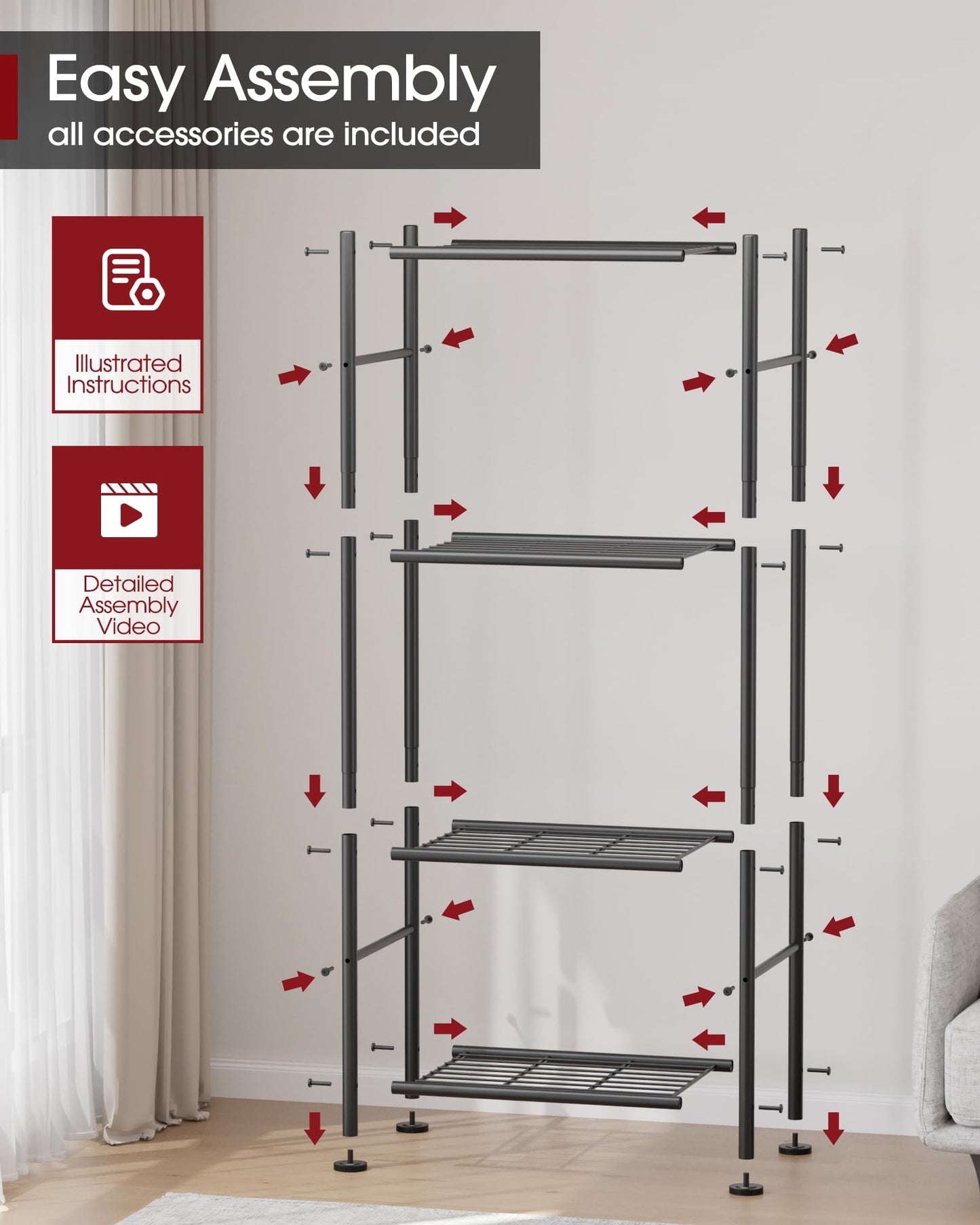 Sakugi 4 Tier Shelf - Heavy Duty Metal Storage Shelves with Adjustable Leveling Feet, Large Capacity Shelving Unit with Multiple Hooks for Kitchen, Pantry, Office(47 x 32 x 111 cm, Black)