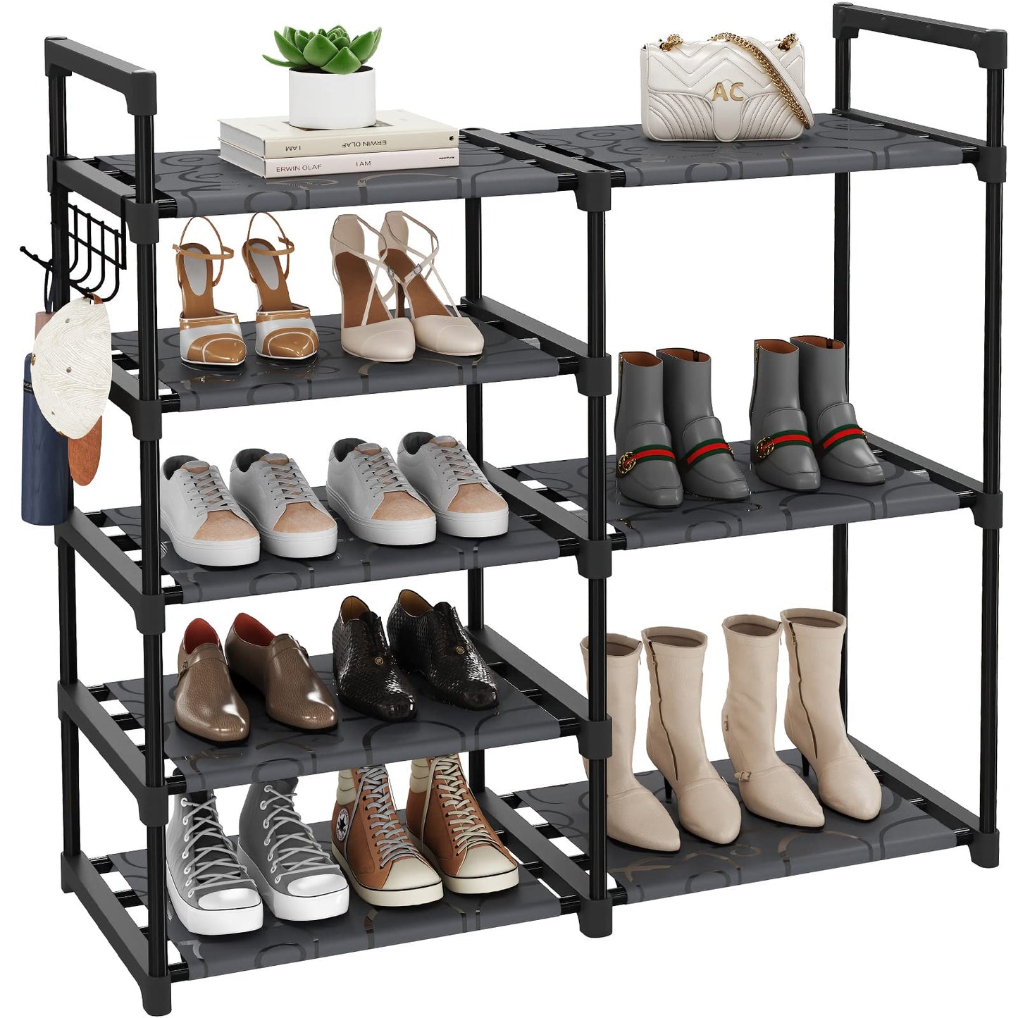 CSXGBAB Black Tubes Closet Shoe Rack, Boot Rack, 5 Tier Oxford Fabric Shelf, Easy Assembly, Sturdy and Durable, Holds Up to 30 lbs