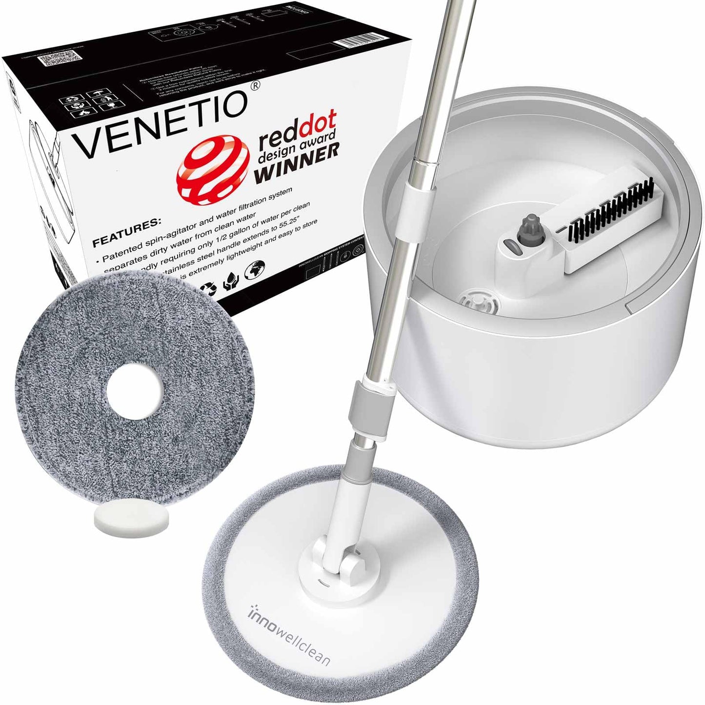 VENETIO Innowellclean Water Filtration Spin Mop and Bucket Set for Floor Cleaning - Self-Wringing, Wet/Dry, Reusable & Washable Microfiber Mop System for Home, Perfect for Pet Owners (2 Pads)
