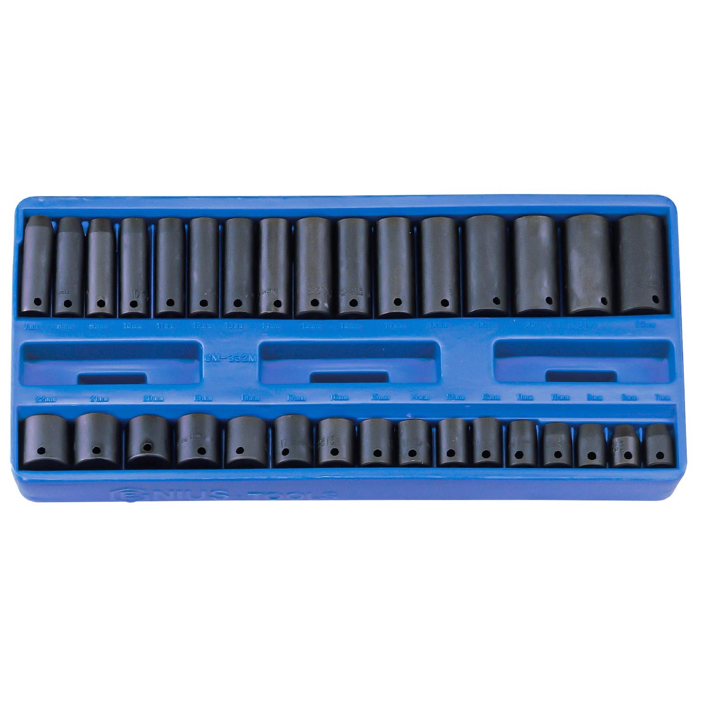 Genius Tools 32 Piece 3/8" Dr. 6 Point Standard and Metric Deep Impact Socket Set 7mm - 22mm TF-332M
