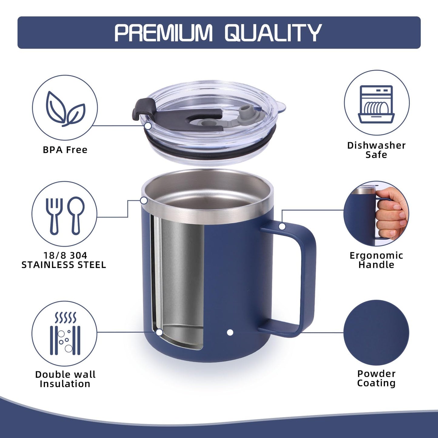 Volhoply 12oz Insulated Leakproof Coffee Mug with Flip & Straw Lid Bulk 8 Pack,Double Wall Vacuum Stainless Steel Travel Tumbler Cup with Handle,Reusable Camping Mugs Keep Cold(Assort Color,8 Set)