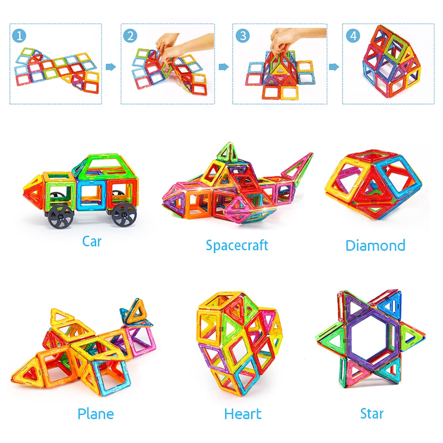 AMOSTING Magnetic Blocks Building Tiles Preschool Educational Construction Stacking Toys for 3 Years Old and Up Toddlers Boys & Girls with Ferris Wheel Stem Set & Car Wheels-100PCS