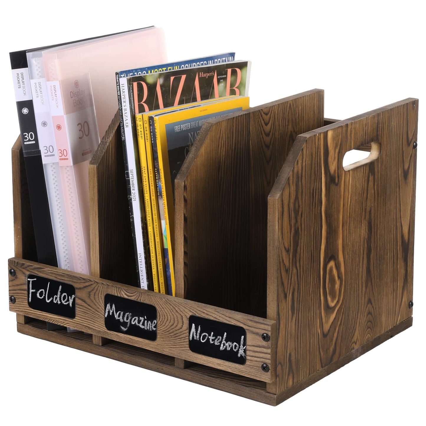 MyGift Office Desktop Document File Folder Rustic Burnt Brown Wood Binder Storage Organizer Rack with 3 Compartments and Chalkboard Labels