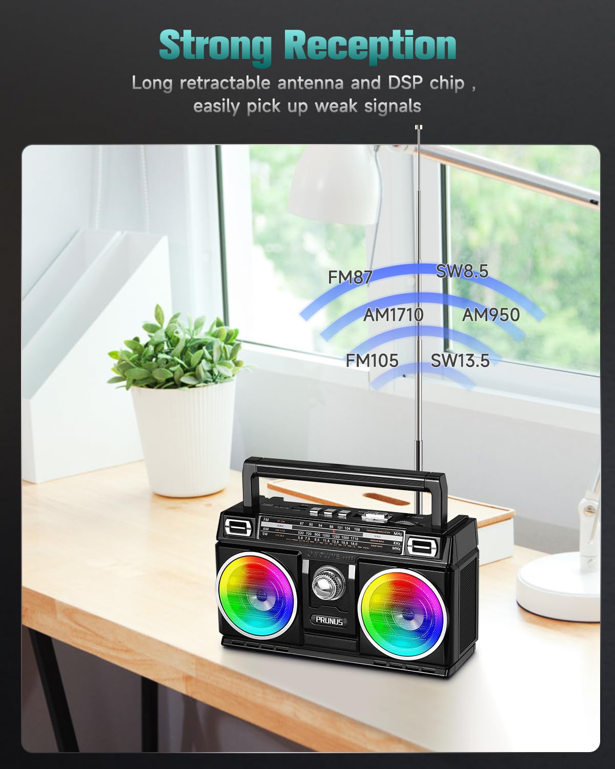 PRUNUS Radio AM FM, Portable Transistor Radio with Bluetooth Speaker, USB TF Card Playing, Solar/USB-C Rechargeable Radio, Double Speaker, Colorful Light