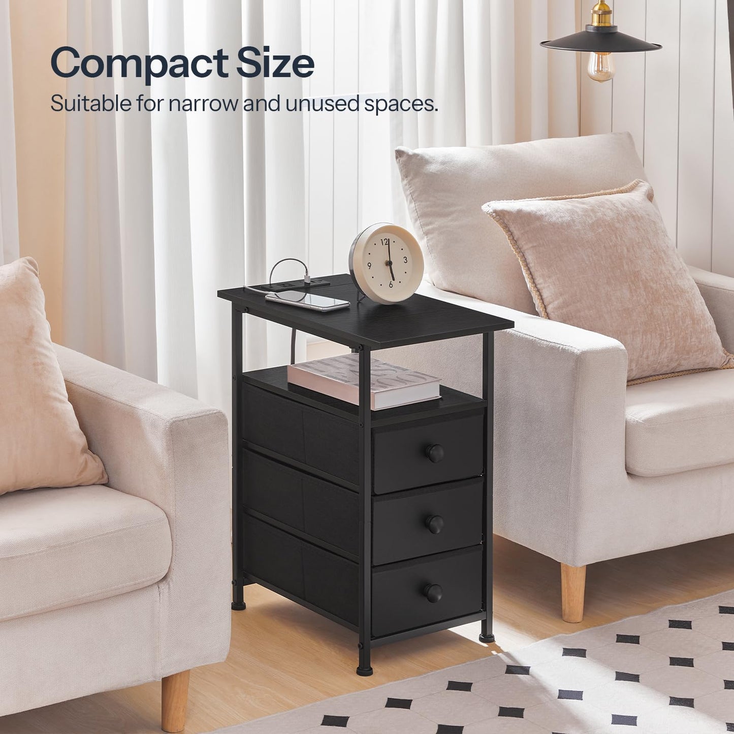 HOOBRO End Table, Narrow Side Table with Charging Station, Nightstand with 3 Non-Woven Fabric Drawers, Bedside Table for Small Spaces, for Living Room, Bedroom, Black BB483UBZ01