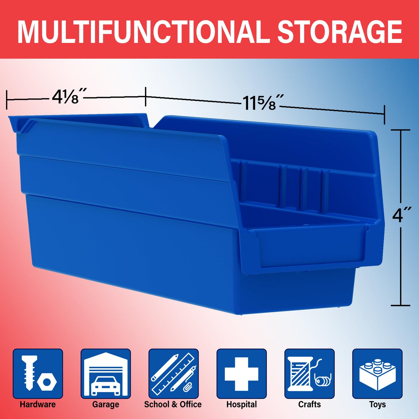 Akro-Mils 30120 Plastic Shelf Bins, Heavy Duty Storage Bins for Garage, Closet, and Drawer Organization, 12" x 4" x 4", Blue, 24-Pack