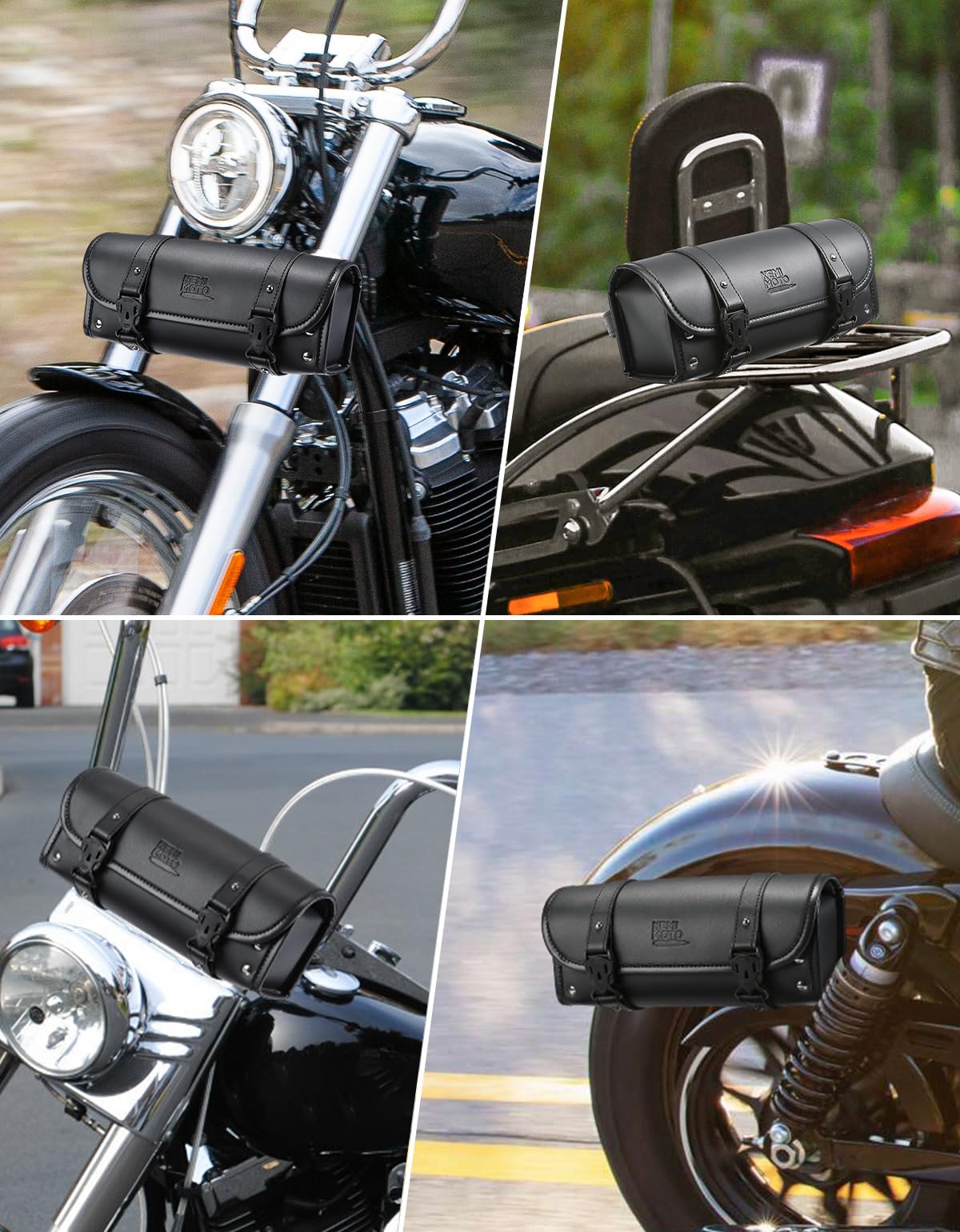 KEMIMOTO Motorcycle Fork Bag PU Leather Roll Barrel Handlebar Tool Bag for Motorcycle Front Forks Handlebar Sissybar Sportster Dyna