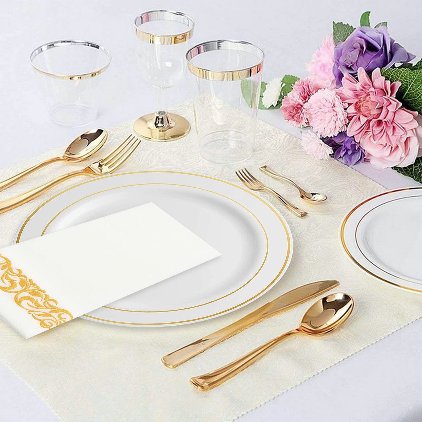 50 Piece Gold Round Plastic Plates, Premium Gold Trim Disposable Plastic Salad/Dessert Plates Ideal for Weddings and Parties (7.5 Inch)