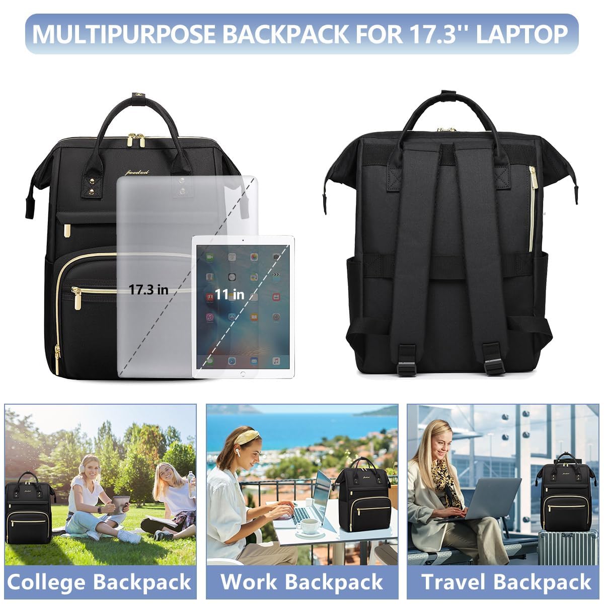Women Laptop Backpack Teacher Bags: 17.3 Inch Nurse Computer Backpack with USB Port Work Bag Stylish Travel Daypack Bookbag Waterproof for Business Woman Gifts BLACK