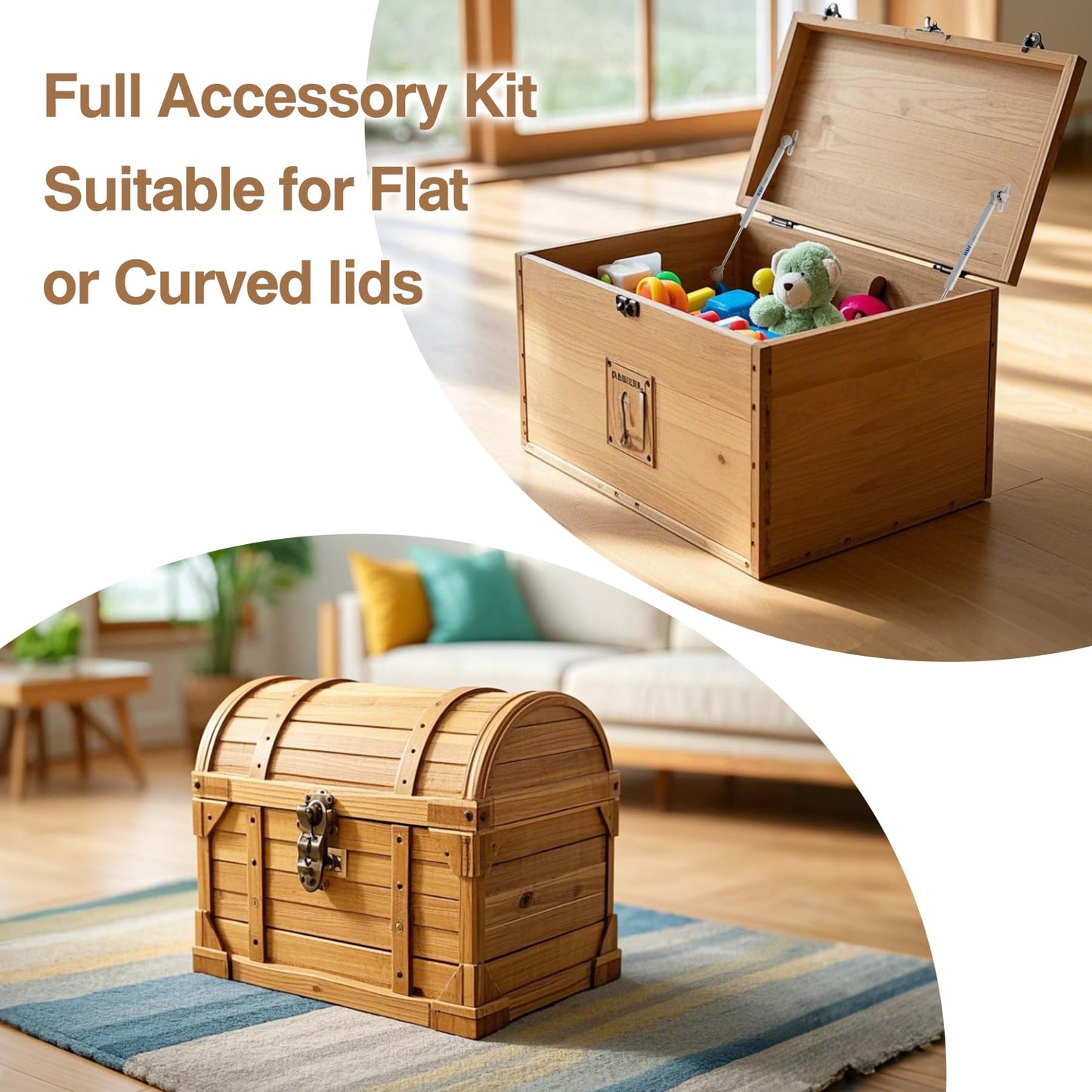 2 Pack Soft Close Toy Box Hinges for Heavy Curved, Round, Arched and Flat Lids - HBL' 150N Gas Strut Spring Hinges Safety Hinges to Slow Close, Also Works for Flat Lids.