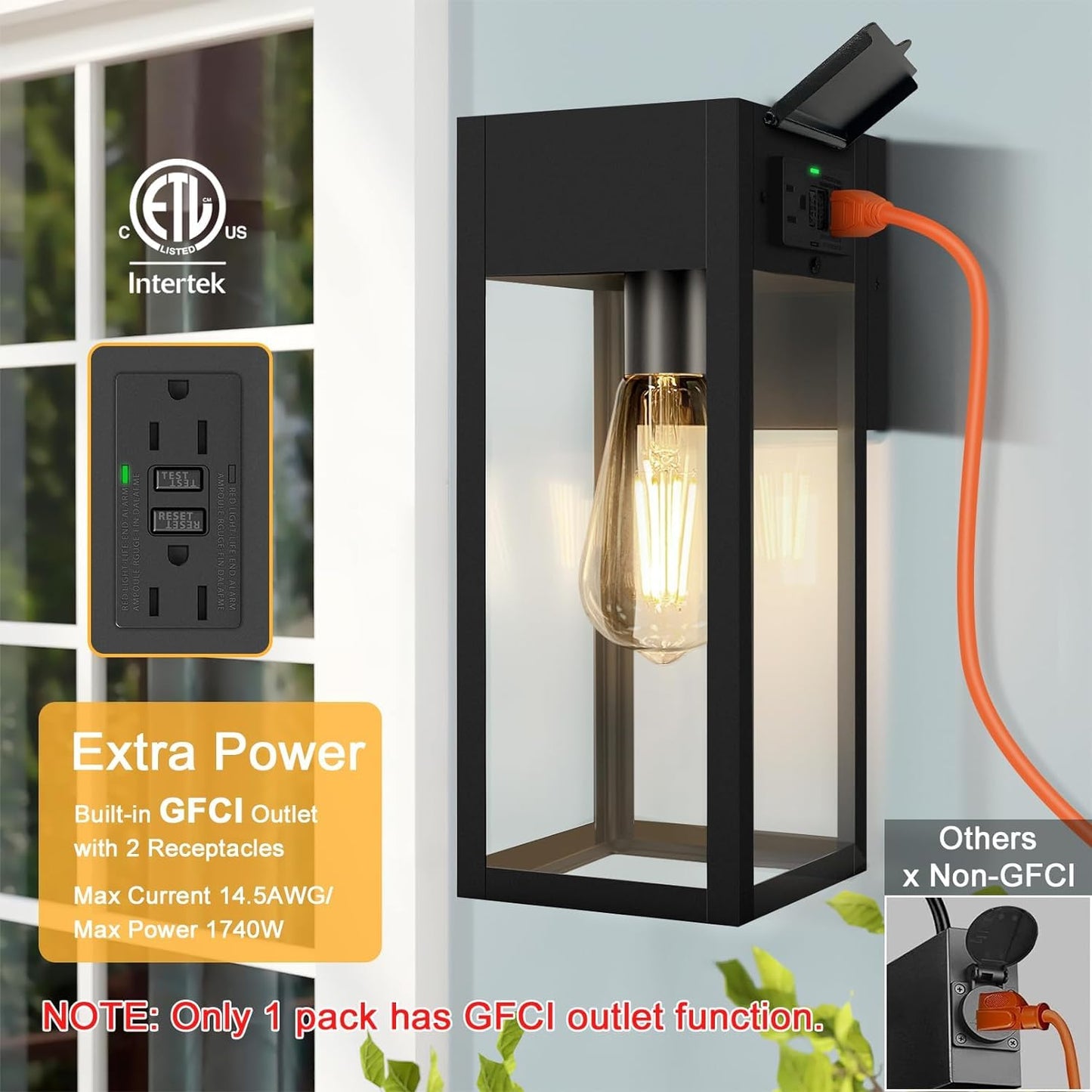 OYKYOHEI 2 Pack Outdoor Wall Light with Outlet,Exterior Light Fixture Wall Mount,Waterproof Porch Lights Outdoor Wall Sconce,Aluminum Anti-Rust LED Lantern for Outside House Garage Entryway,Black